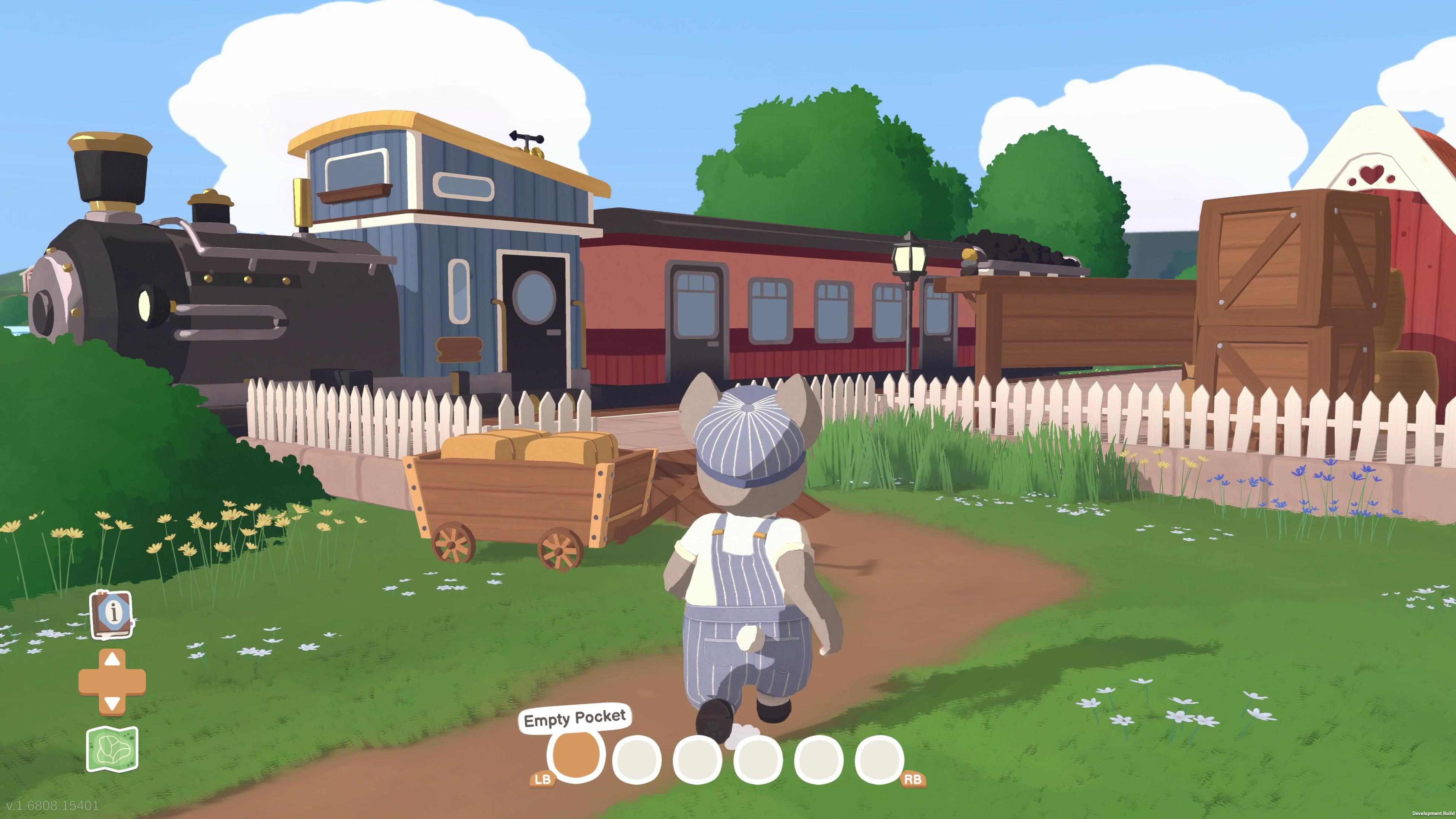 Una scena a cartoni animati con una stazione ferroviaria, un treno e un personaggio che cammina verso un treno.