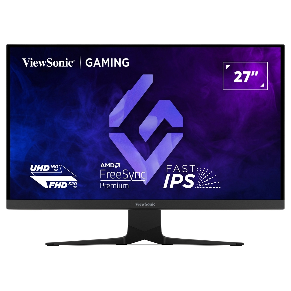 27-calowy monitor do gier ViewSonic z czarną podstawą. Wyświetla logo i specyfikacje: UHD 160Hz, FHD 320Hz, AMD FreeSync.