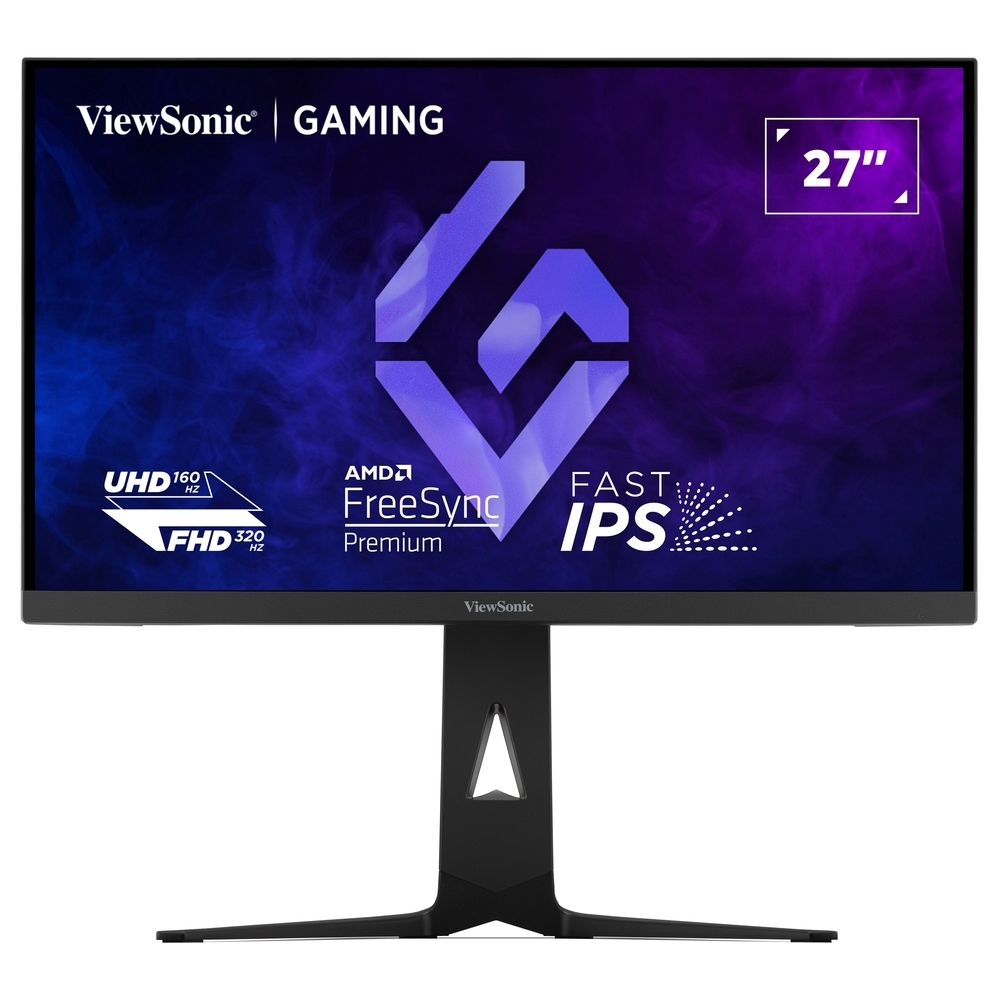 Widok z przodu czarnego monitora do gier ViewSonic z tekstem i logo. Białe tło.
