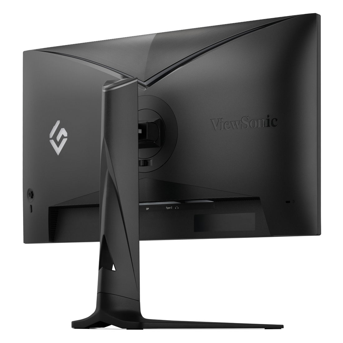 Tył czarnego monitora do gier ViewSonic. Białe tło.