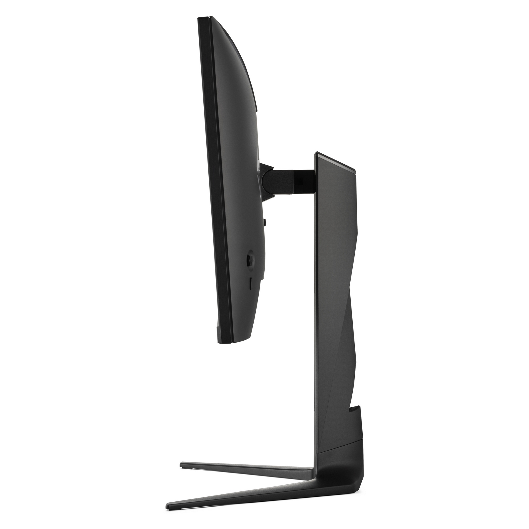 Widok z boku czarnego monitora ViewSonic ze stojakiem, na białym tle.