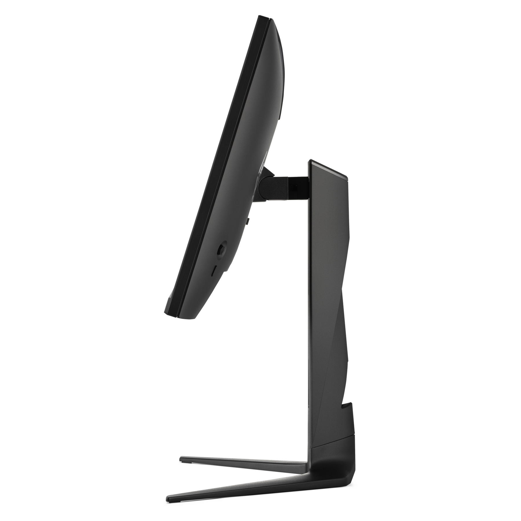 Widok z boku czarnego monitora komputera. Tło jest białe.