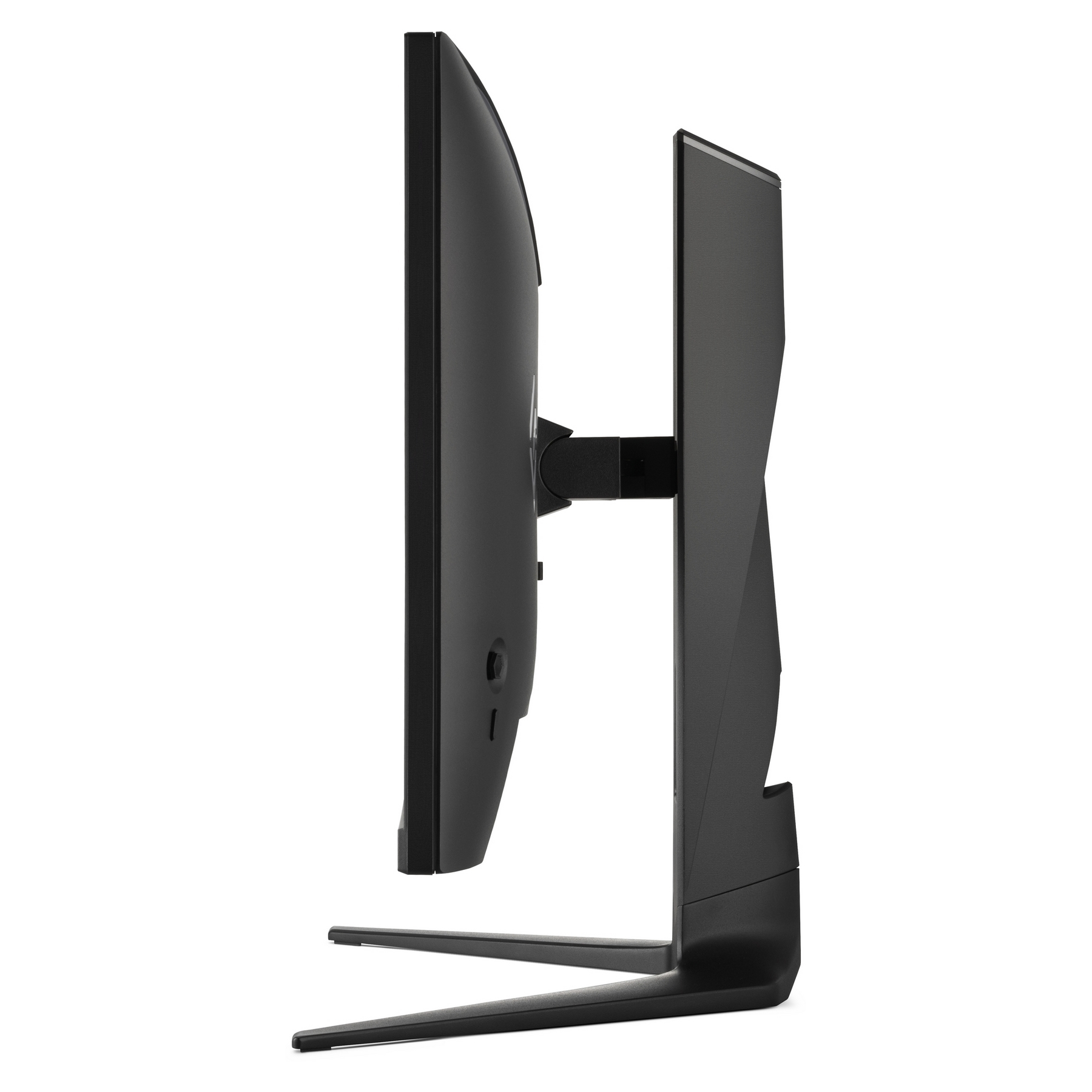 Widok z boku czarnego monitora komputera. Tło jest białe.