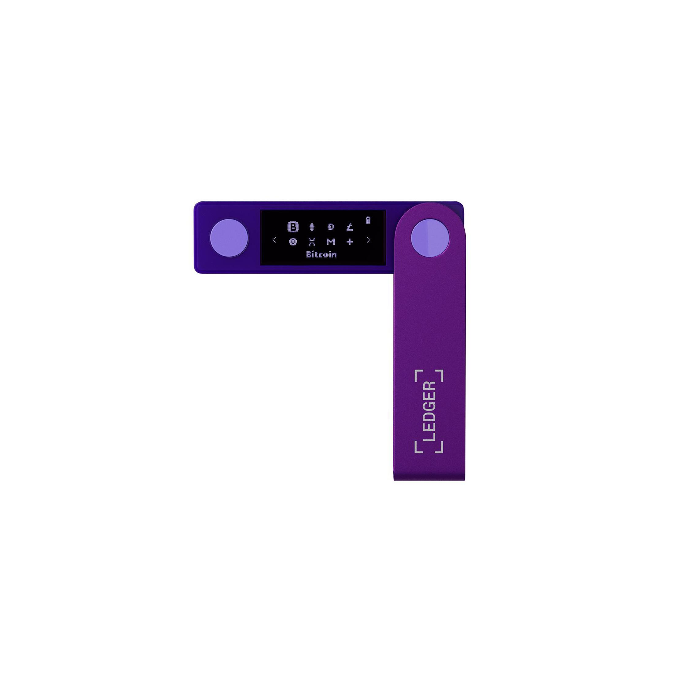 Fioletowe urządzenie Ledger Nano jest wyświetlane na białym tle.