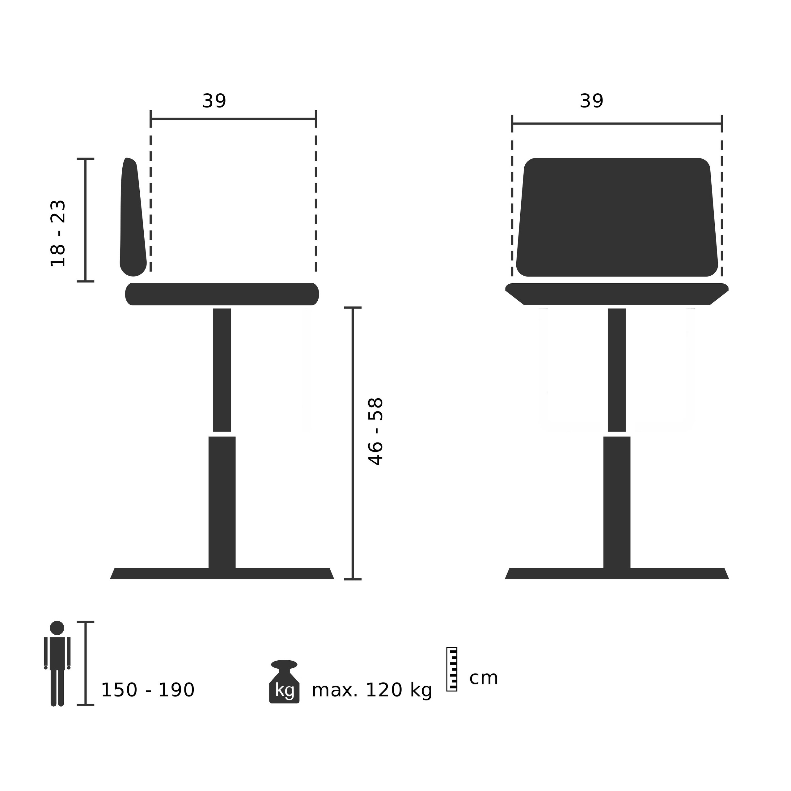 Diagramm eines Bürostuhls mit Abmessungen und einer Person mit Größenbereich.