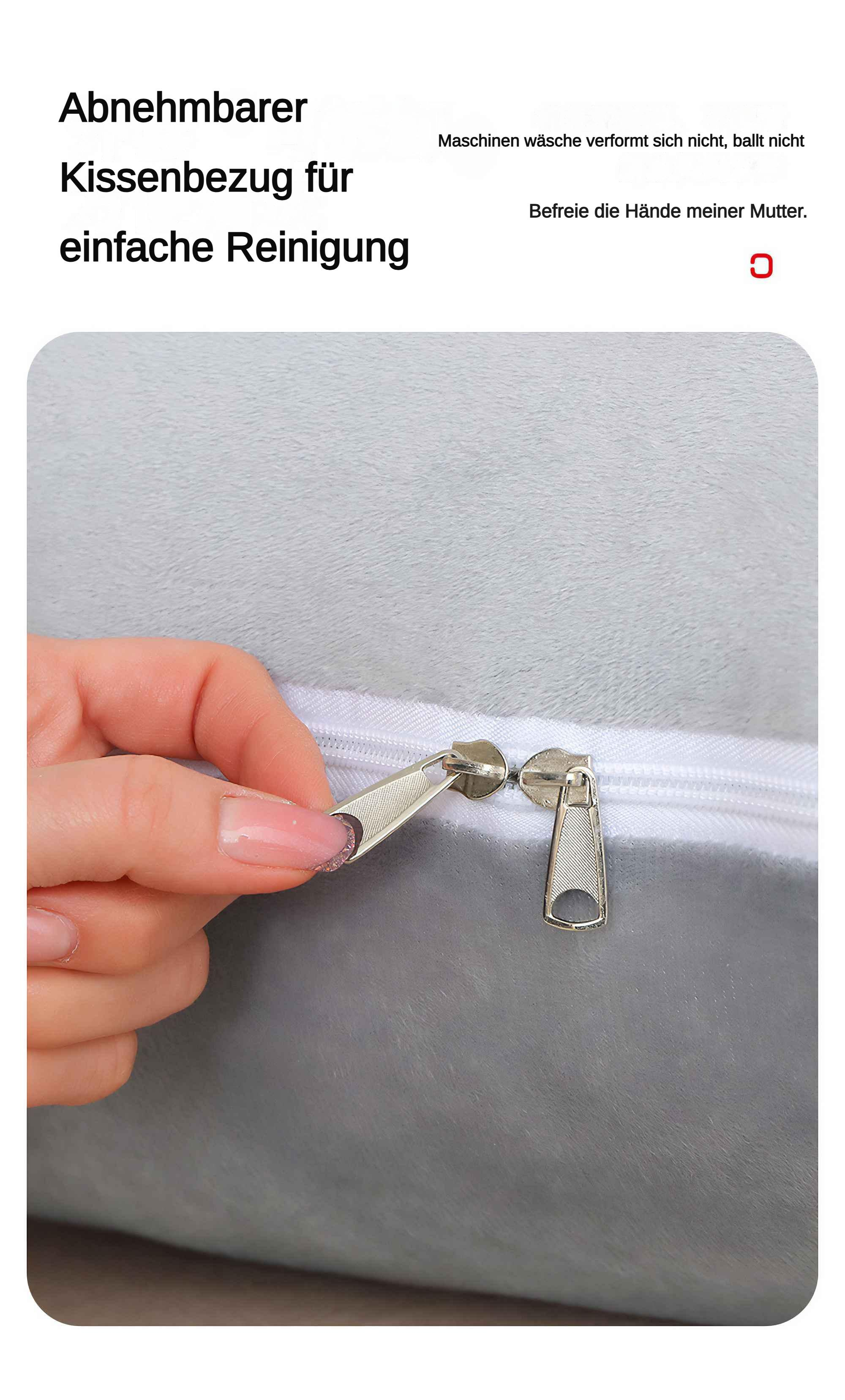 Nahaufnahme einer Hand, die einen grauen Kissenbezug mit einem silbernen Reißverschluss zumacht. Text auf Deutsch.