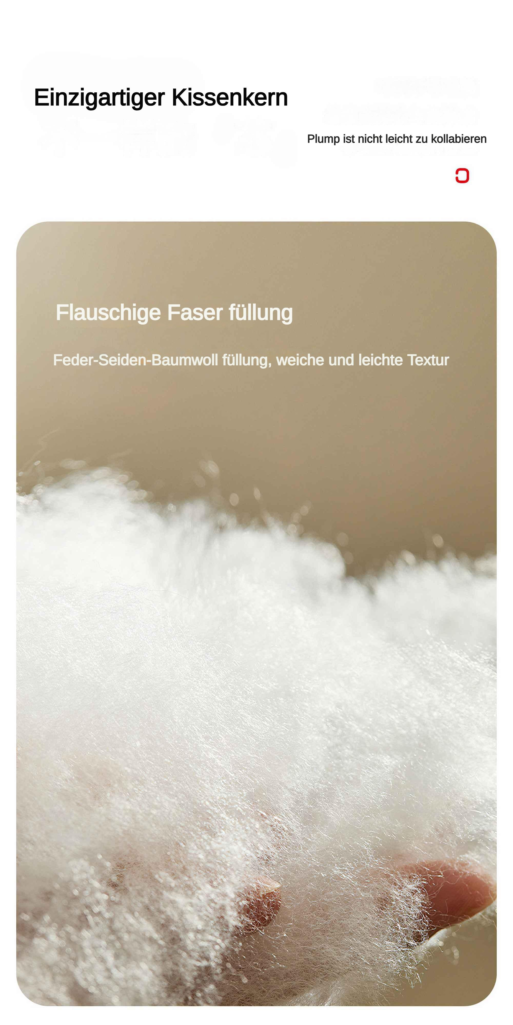 Eine Nahaufnahme der flauschigen Füllung eines Kissens. Der Text auf dem Bild ist auf Deutsch.