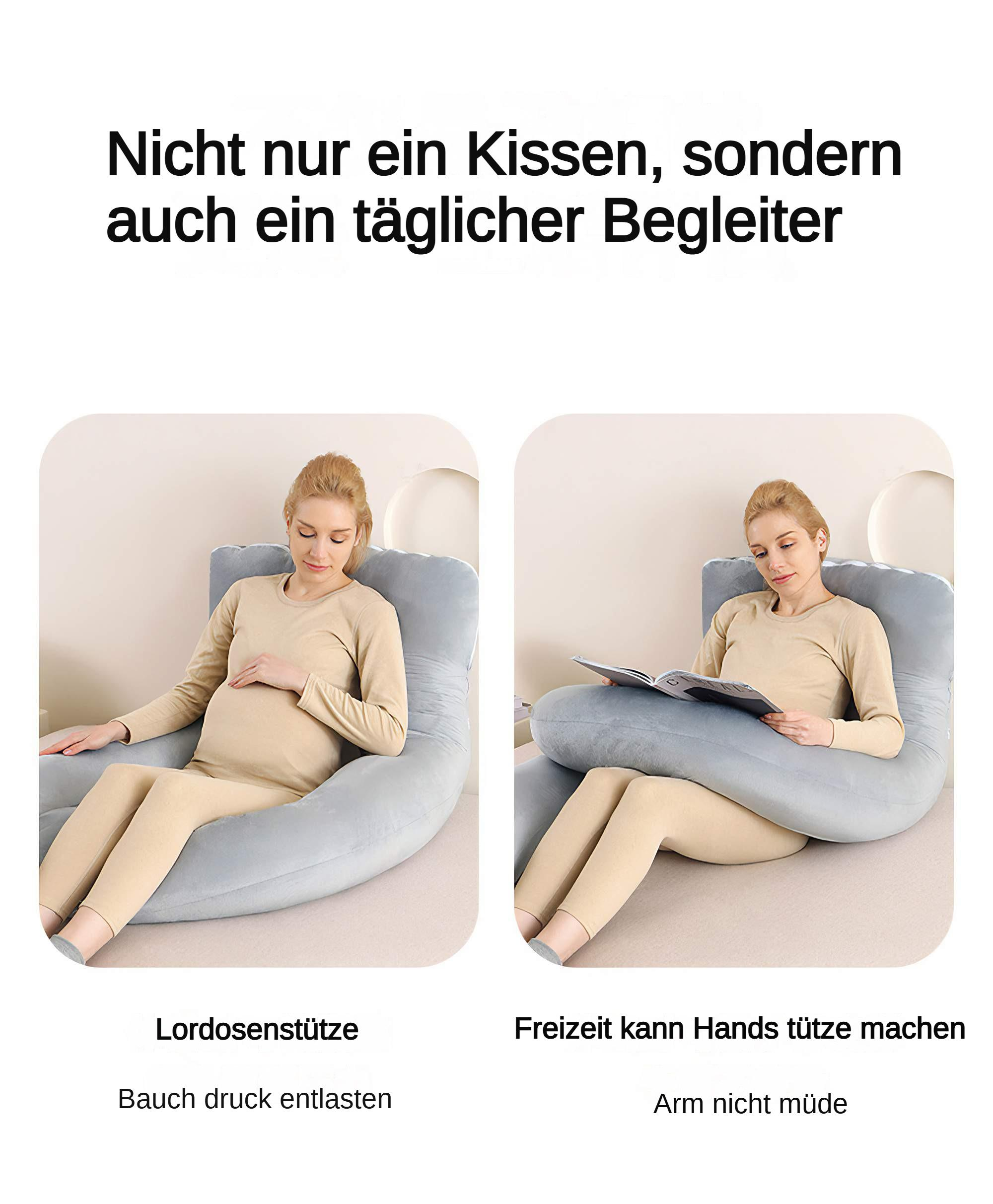 Zwei Bilder zeigen eine schwangere Frau mit einem U-förmigen Kissen. Text auf Deutsch vorhanden.