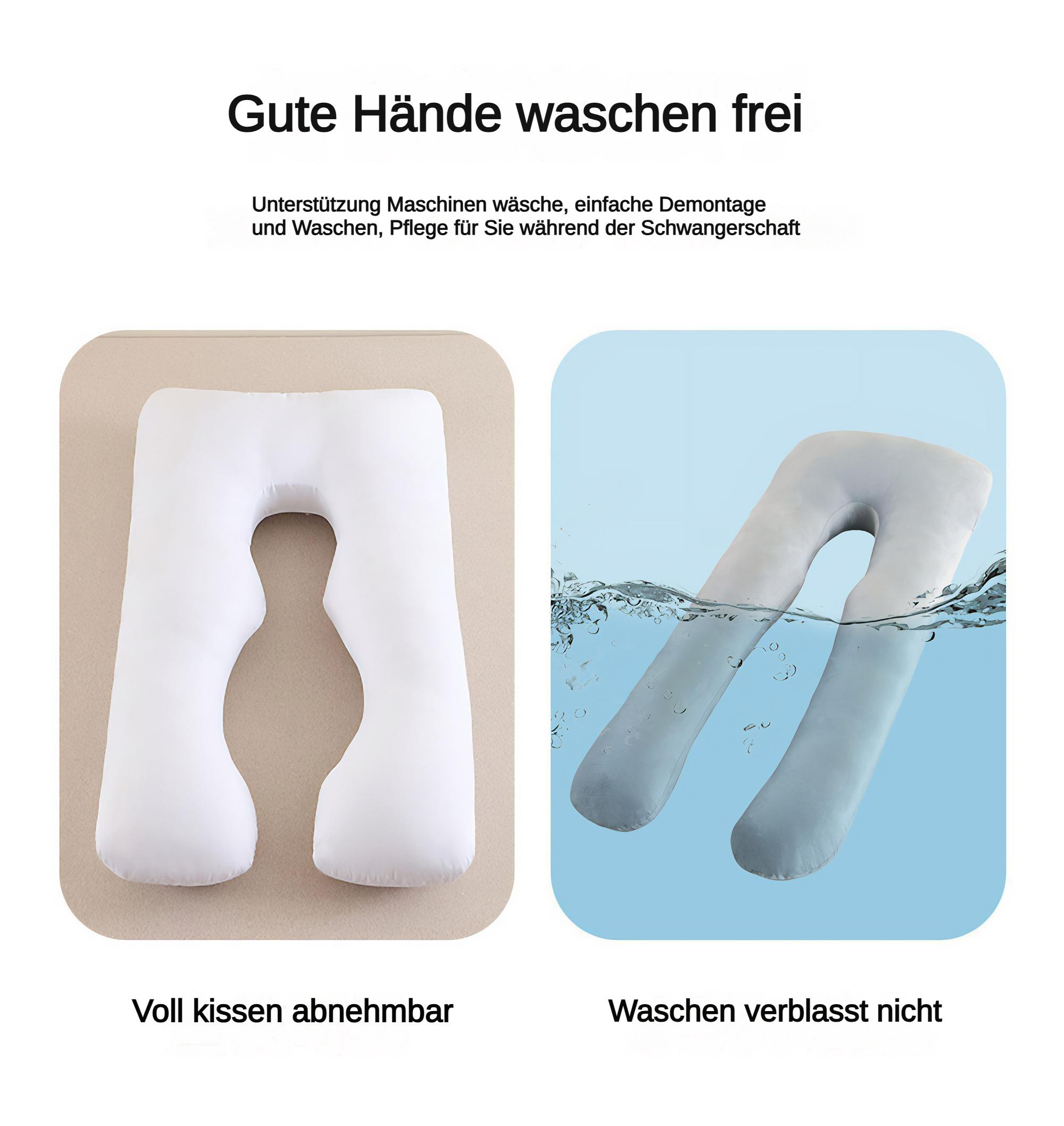 Zwei Bilder von U-förmigen Kissen. Eines ist weiß, das andere ist im Wasser.
