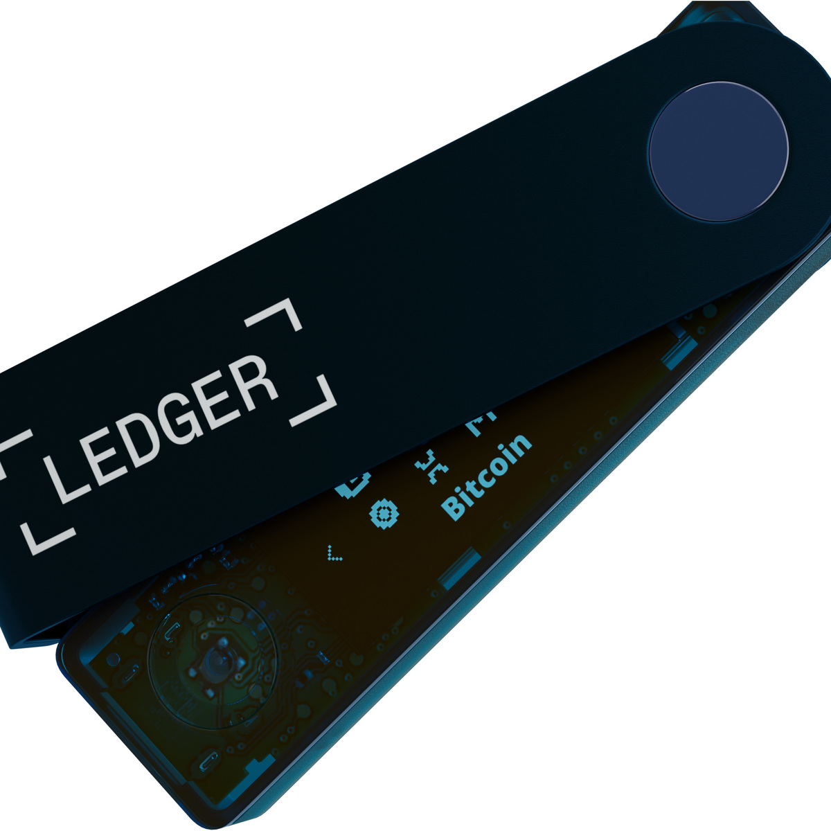 Un dispositivo Ledger oscuro, abierto, que muestra la pantalla con texto e iconos de Bitcoin, sobre un fondo blanco.