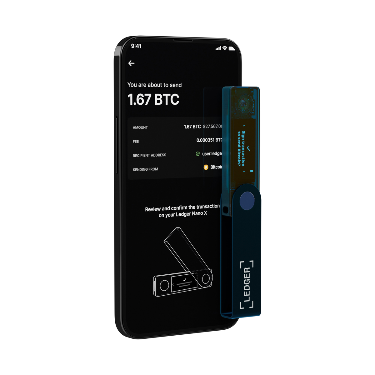 Una persona sosteniendo un teléfono que muestra una transacción criptográfica, con un dispositivo Ledger visible.