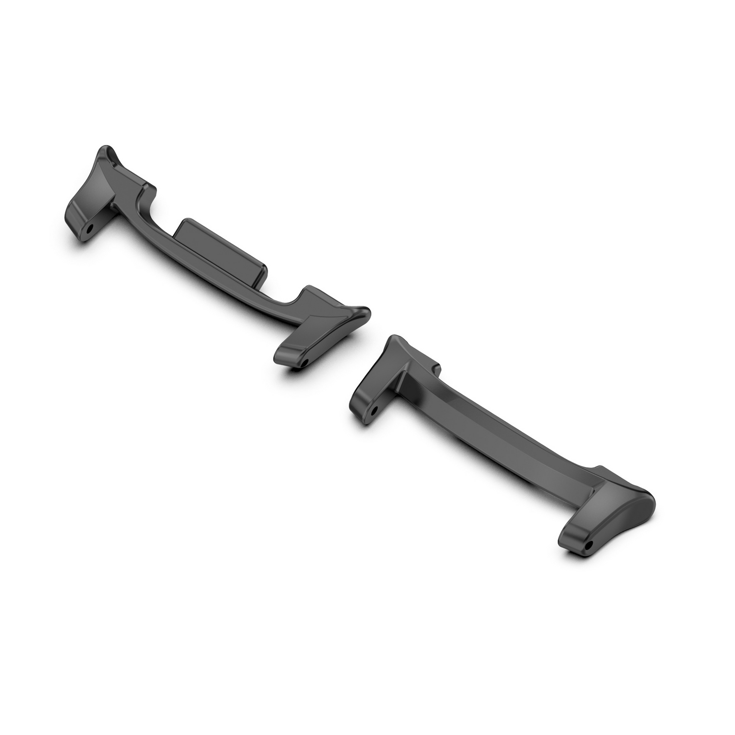 Zwei schwarze Metall-Uhrenanschlüsse, die auf weißem Hintergrund abgewinkelt sind. Sie sind flach und haben ein gebogenes Design.