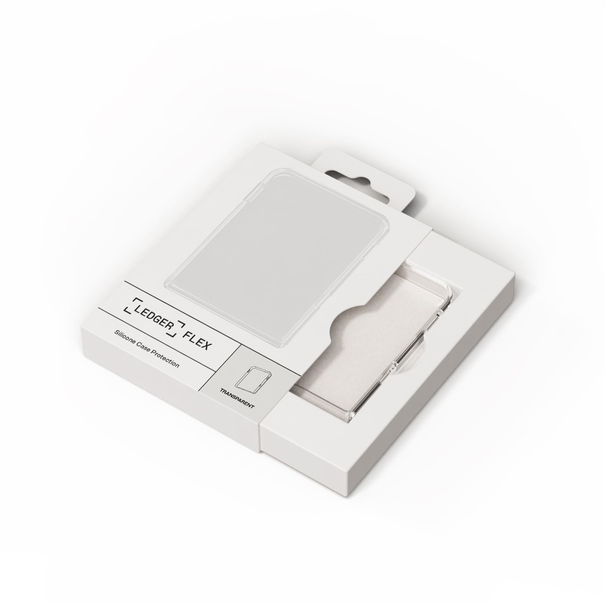 Eine transparente Handyhülle befindet sich in ihrer weißen Box. Die Box ist geöffnet und zeigt die Hülle. Die Marke ist Ledger Flex.