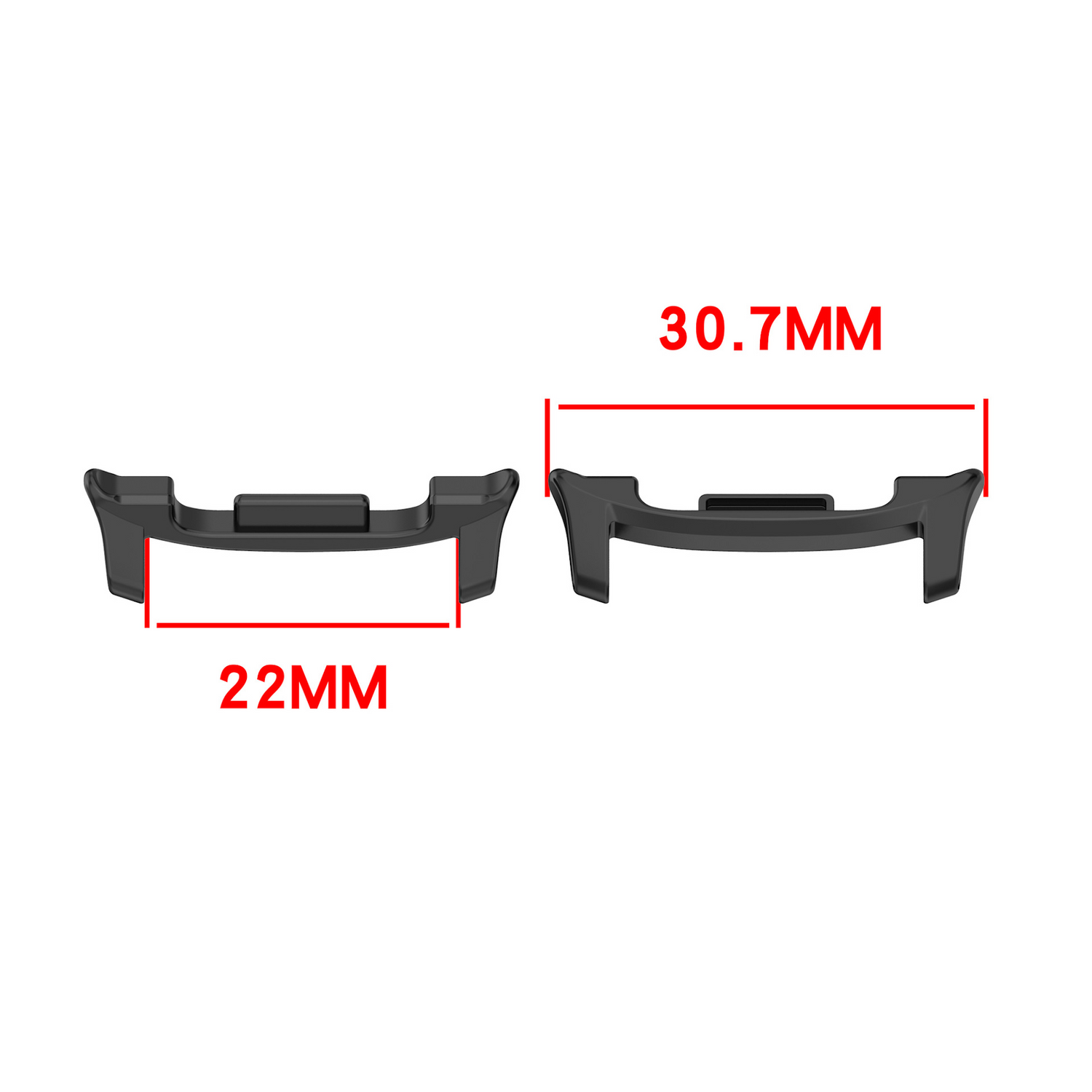 Zwei schwarze Armbanduhren mit rot beschrifteten Abmessungen: 22 mm und 30,7 mm.