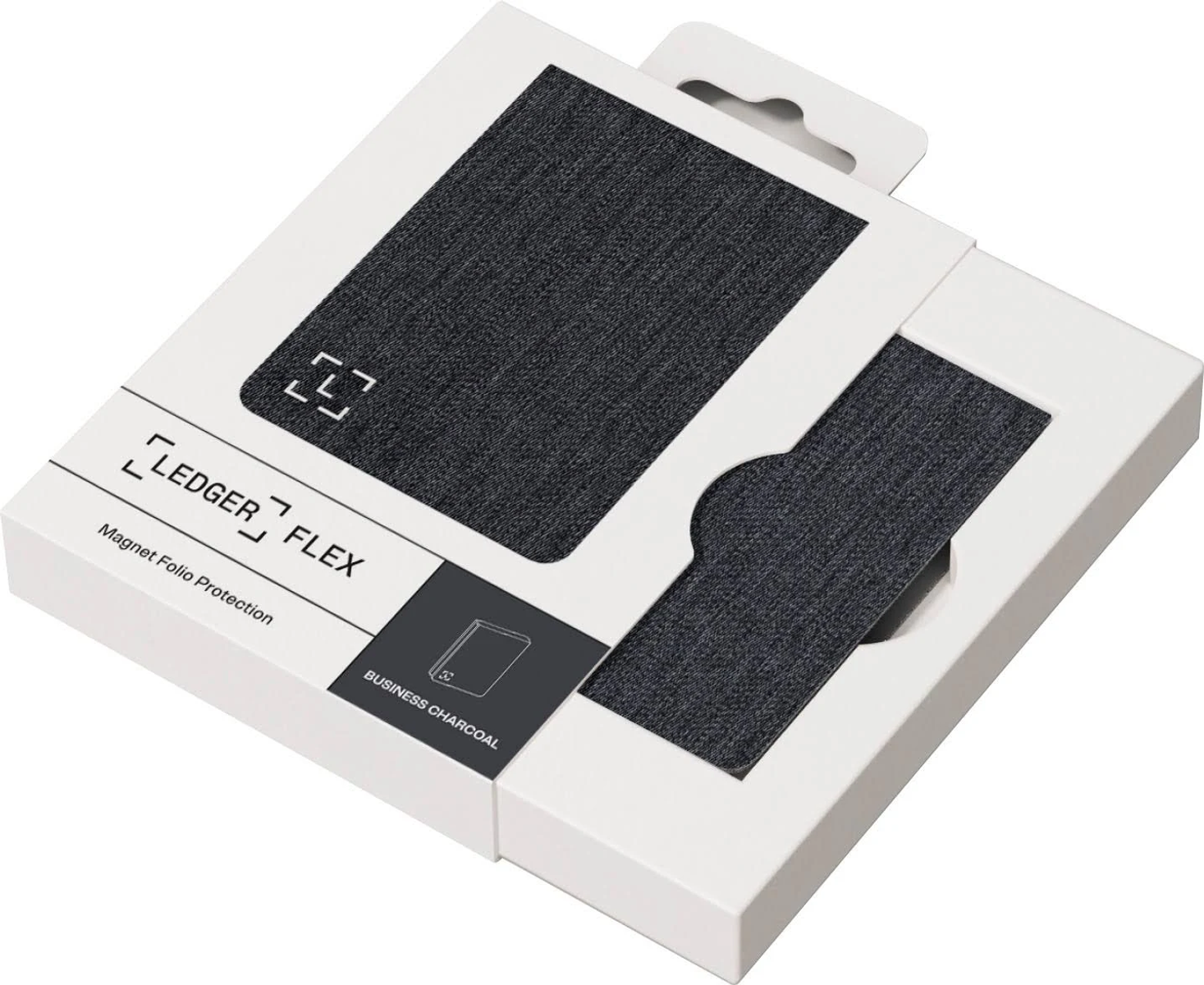 Eine weiße Schachtel mit einem Ledger Flex Wallet. Das Wallet ist dunkelgrau und hat eine Struktur.