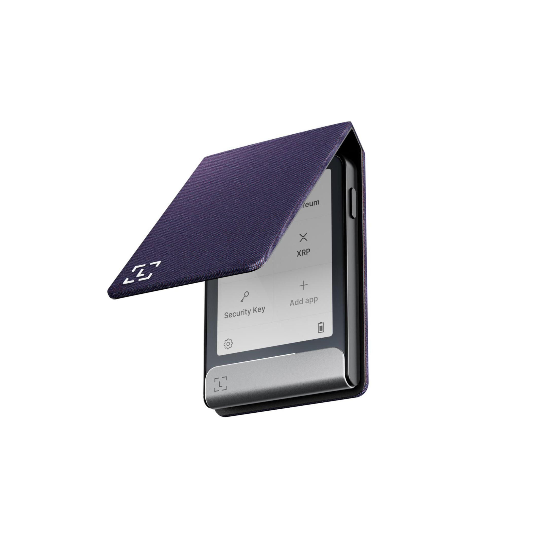 Un appareil Ledger Nano S Plus est ouvert, affichant l'écran. Le couvercle est ouvert, affichant l'écran. Fond blanc.
