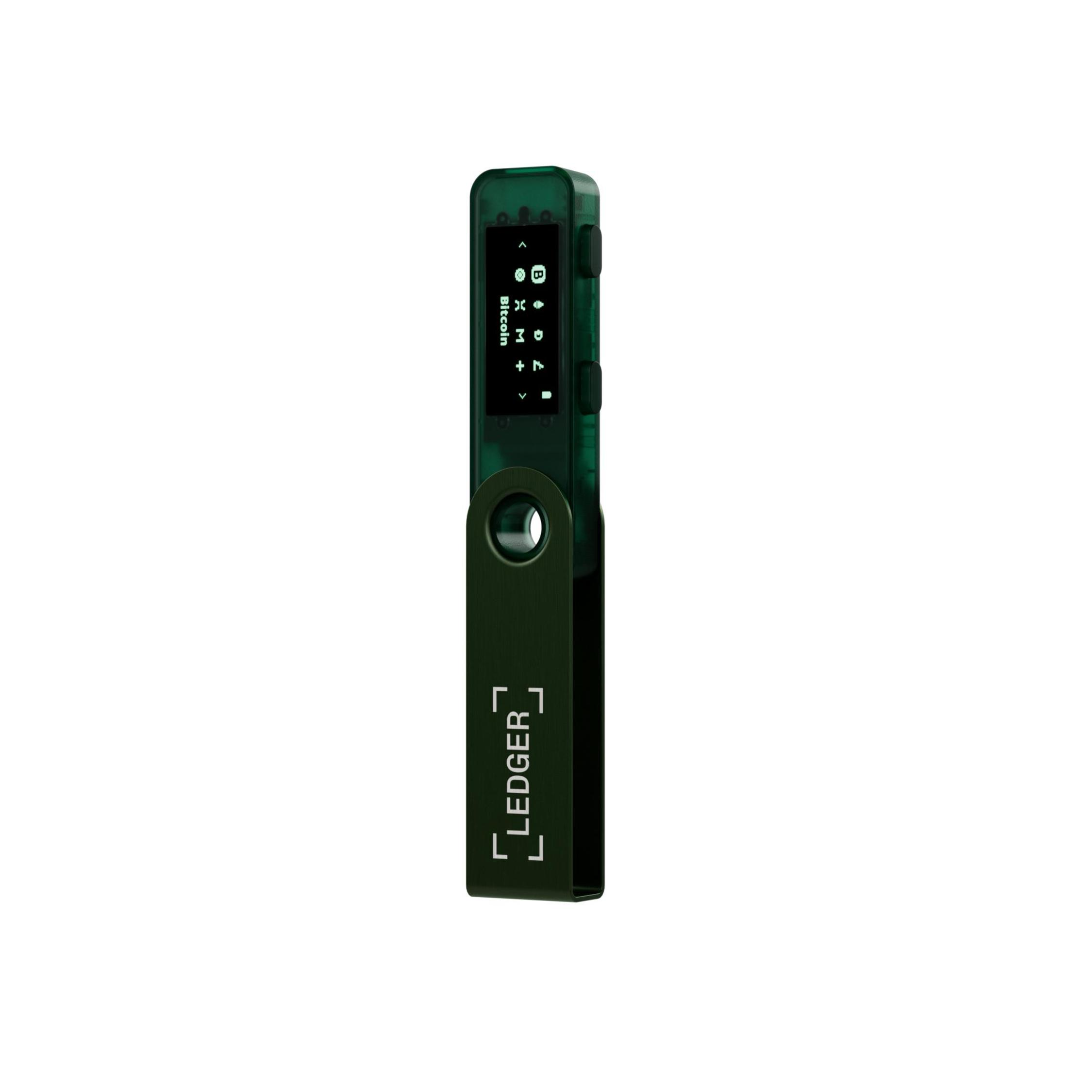 Un dispositivo Ledger que muestra un menú de Bitcoin. La pantalla muestra iconos y opciones.