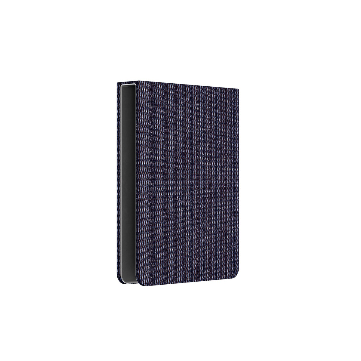Une housse Ledger bleu marine texturée est debout. La housse est rectangulaire avec un intérieur sombre. Fond blanc.