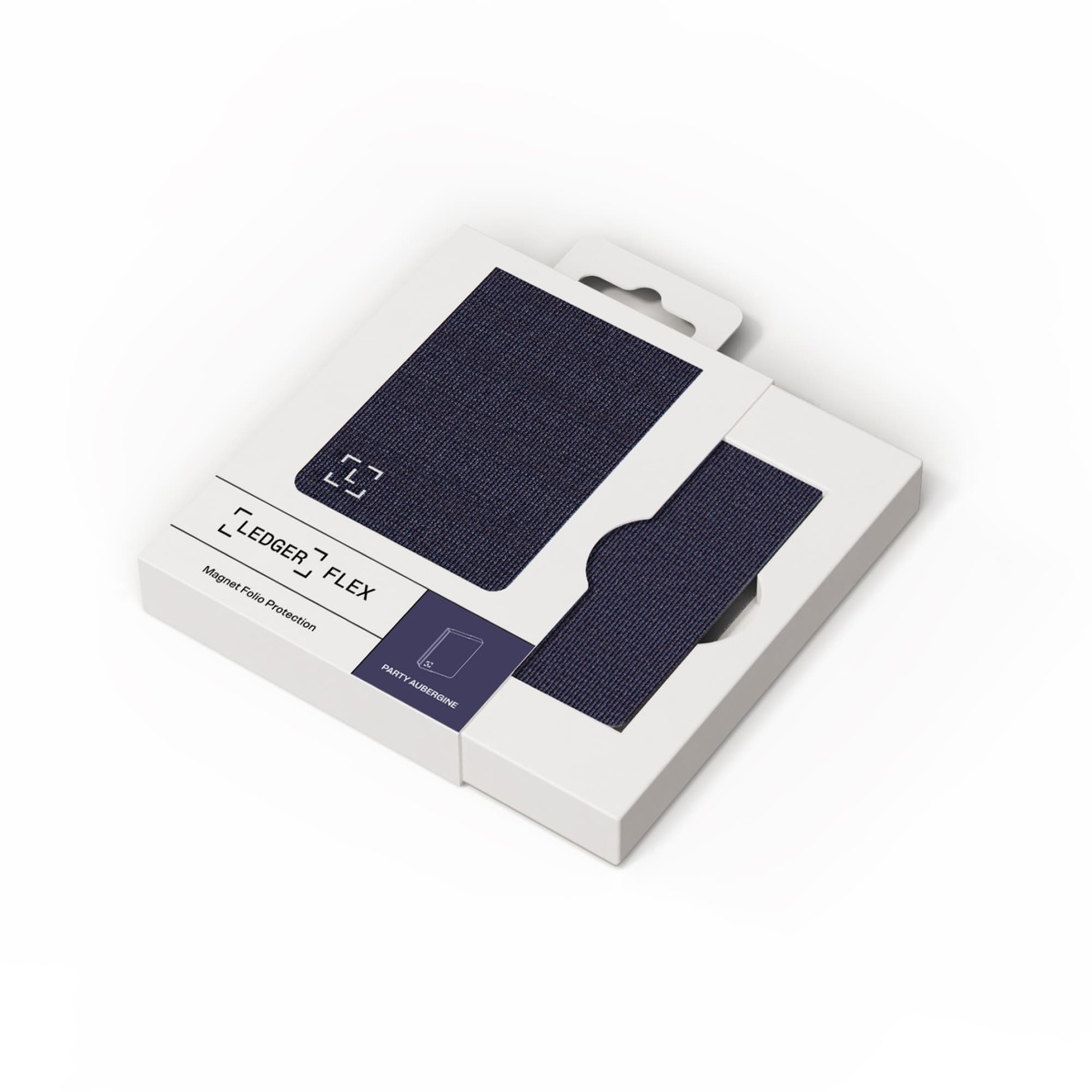 Une boîte blanche contenant un portefeuille Ledger Flex est affichée. La boîte est ouverte, montrant le portefeuille et une housse bleu marine.