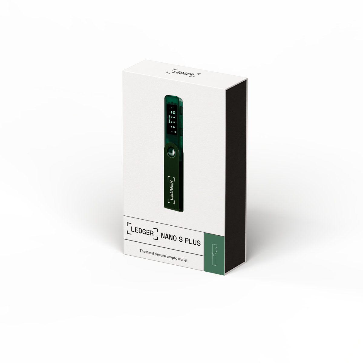 Una caja del producto Ledger Nano S Plus, blanca con acentos verdes, sobre una superficie blanca.