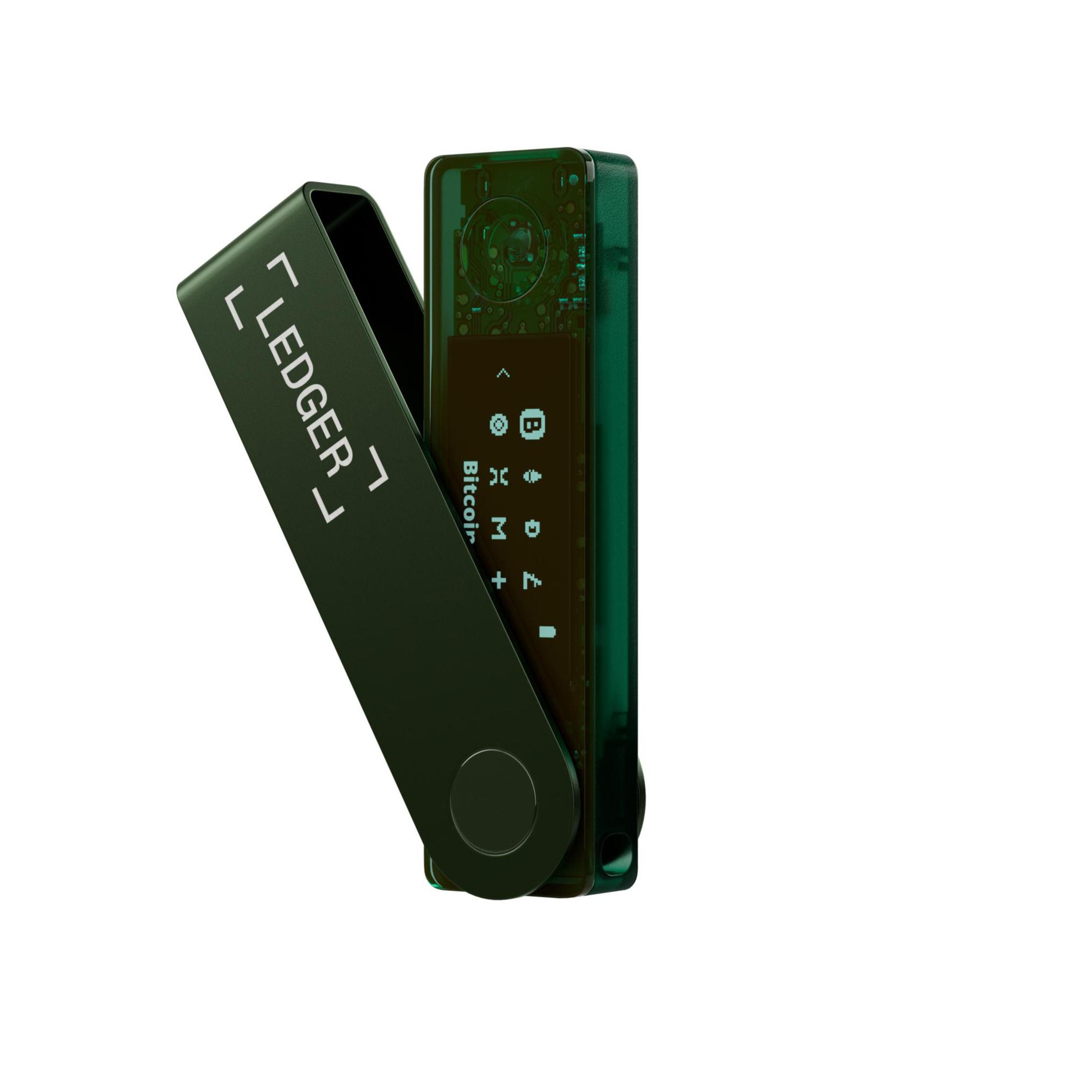 Una cartera de criptomonedas Ledger Nano X, de color verde, abierta y mostrando la pantalla.