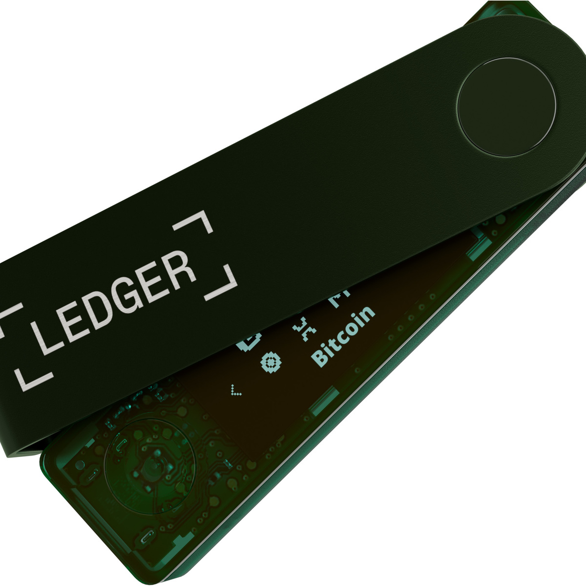 Un monedero de hardware criptográfico Ledger verde oscuro está abierto, revelando la pantalla y la palabra Bitcoin.