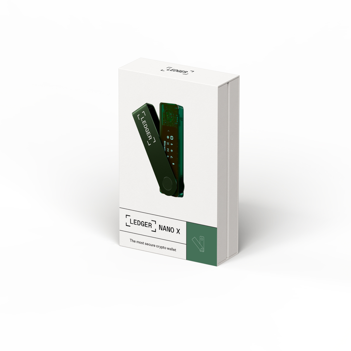 Una caja blanca con una cartera de criptomonedas Ledger Nano X dentro. La caja dice 'Ledger Nano X'.