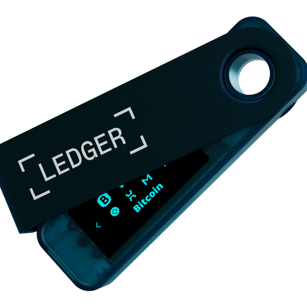 Cartera Ledger, azul oscuro, Bitcoin en pantalla.