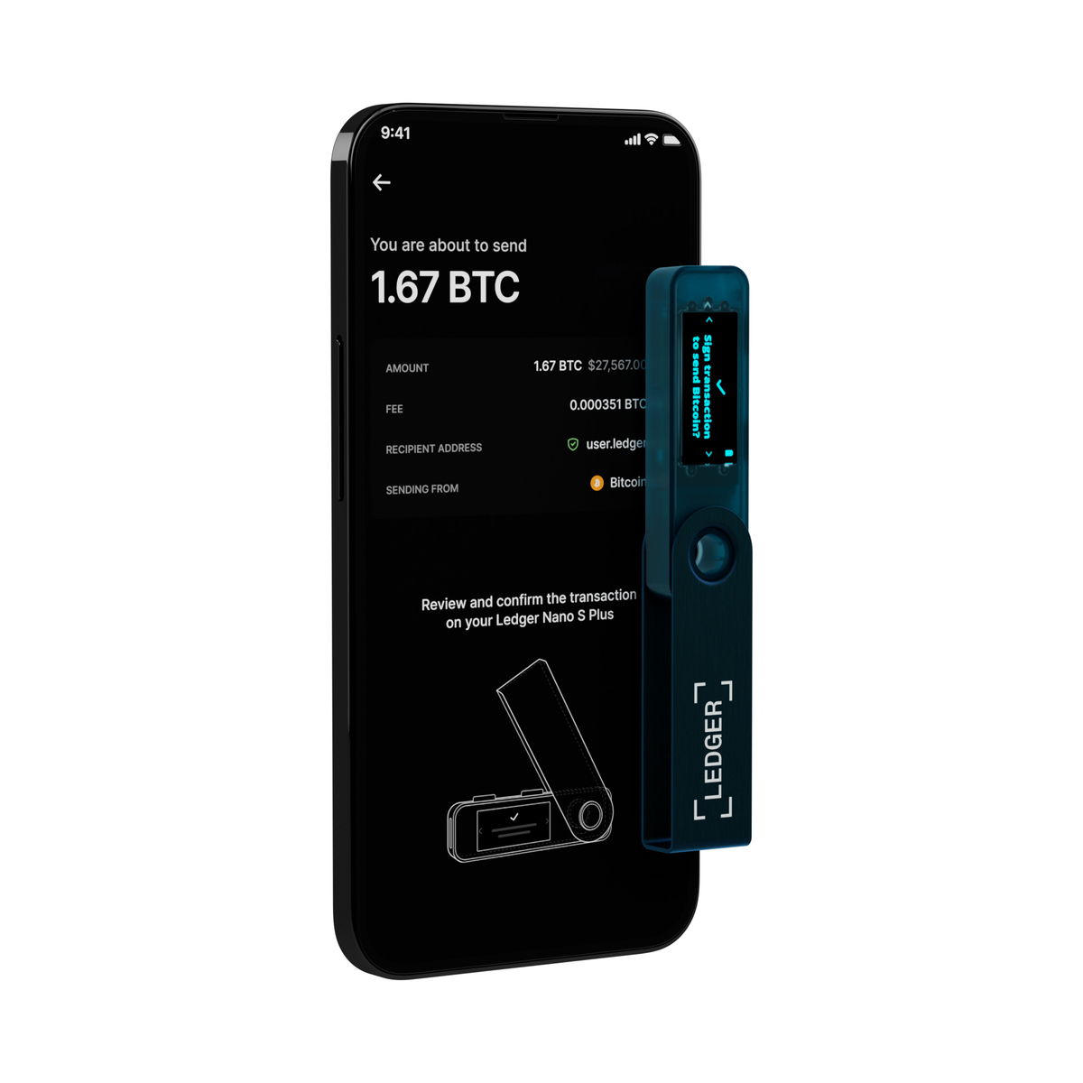 Un teléfono muestra una transacción Bitcoin con un dispositivo Ledger. El dispositivo está en primer plano.