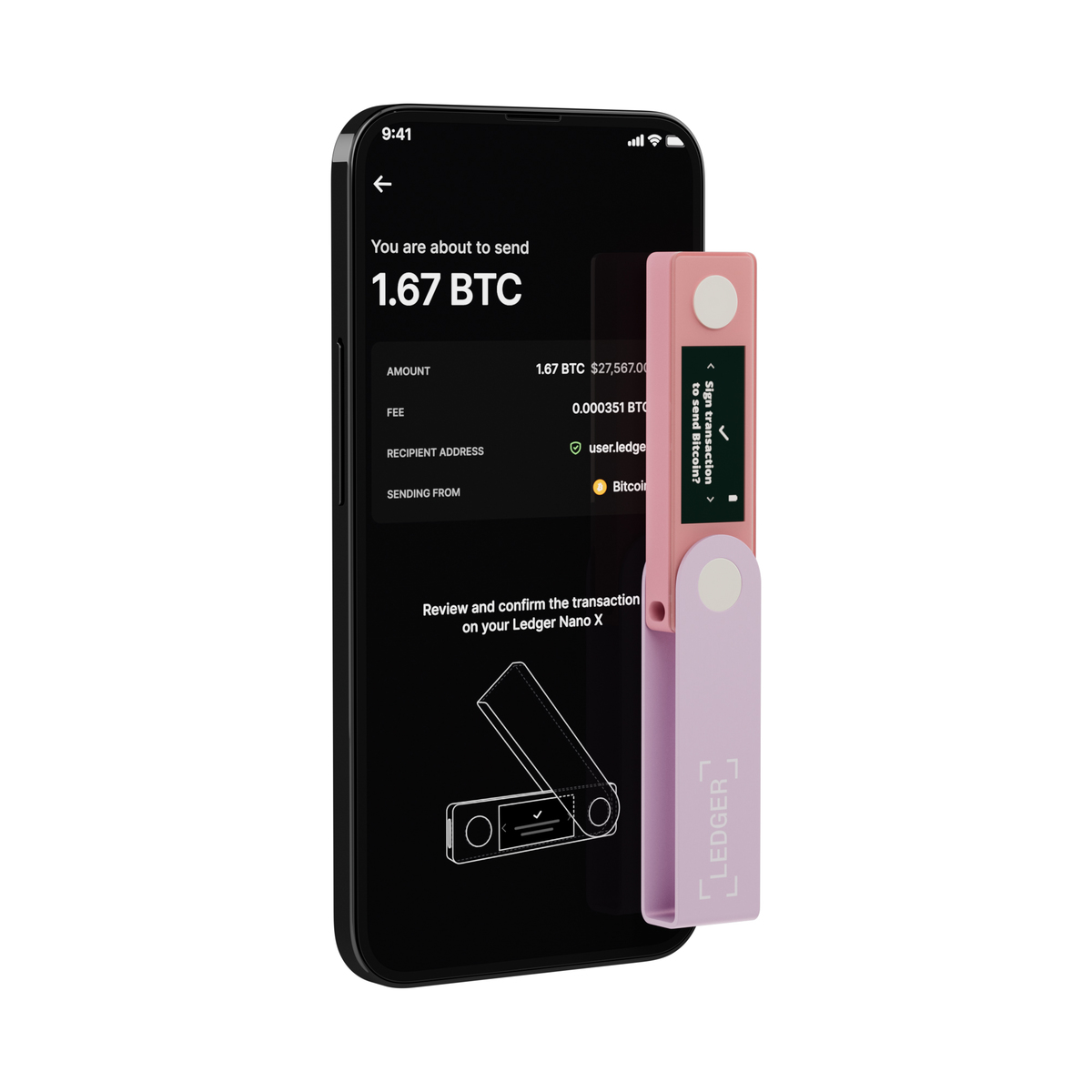 Teléfono muestra detalles de transacción Bitcoin. Ledger Nano X rosa-lavanda al lado.