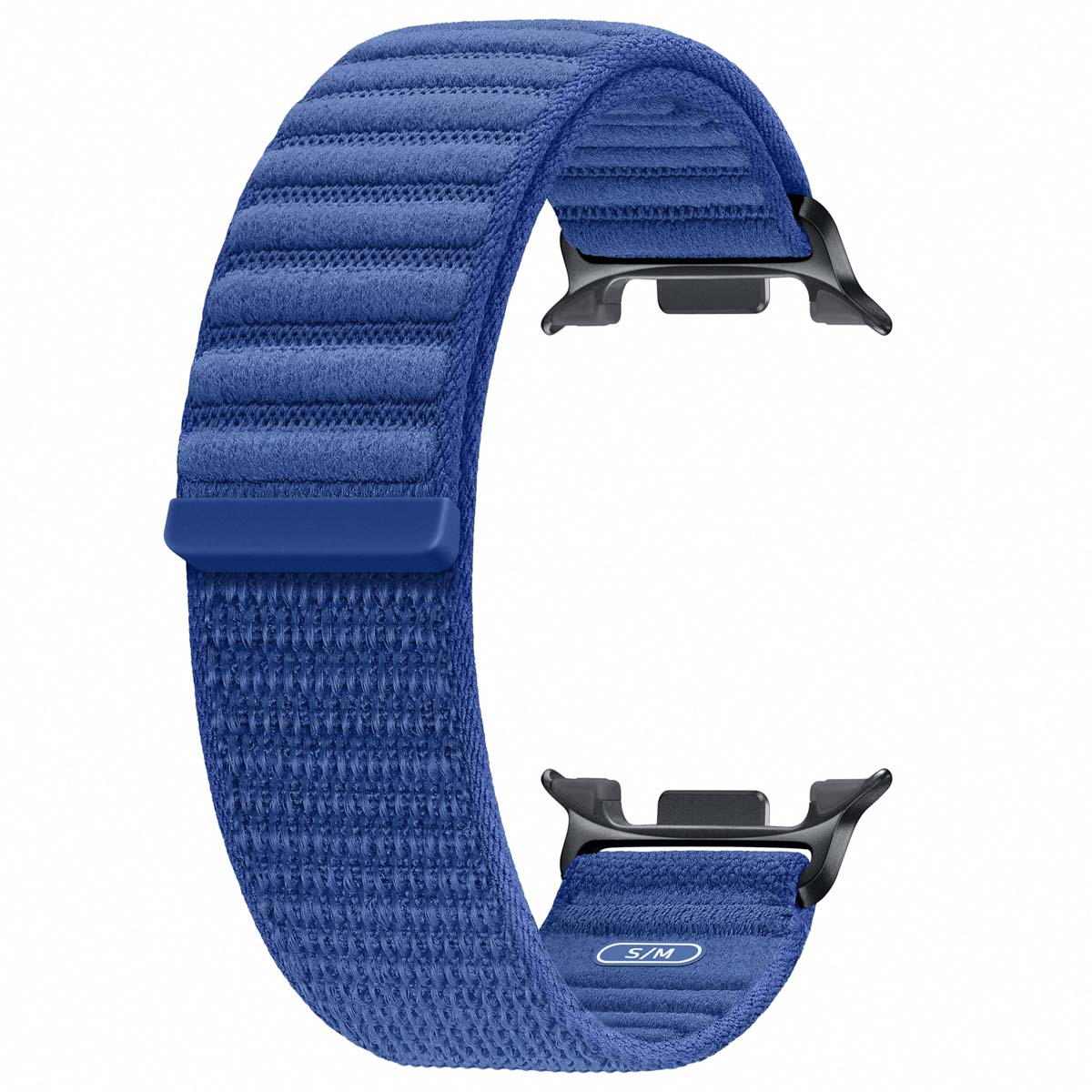 Niebieski pasek do Apple Watch. Czarne złącza na końcach.