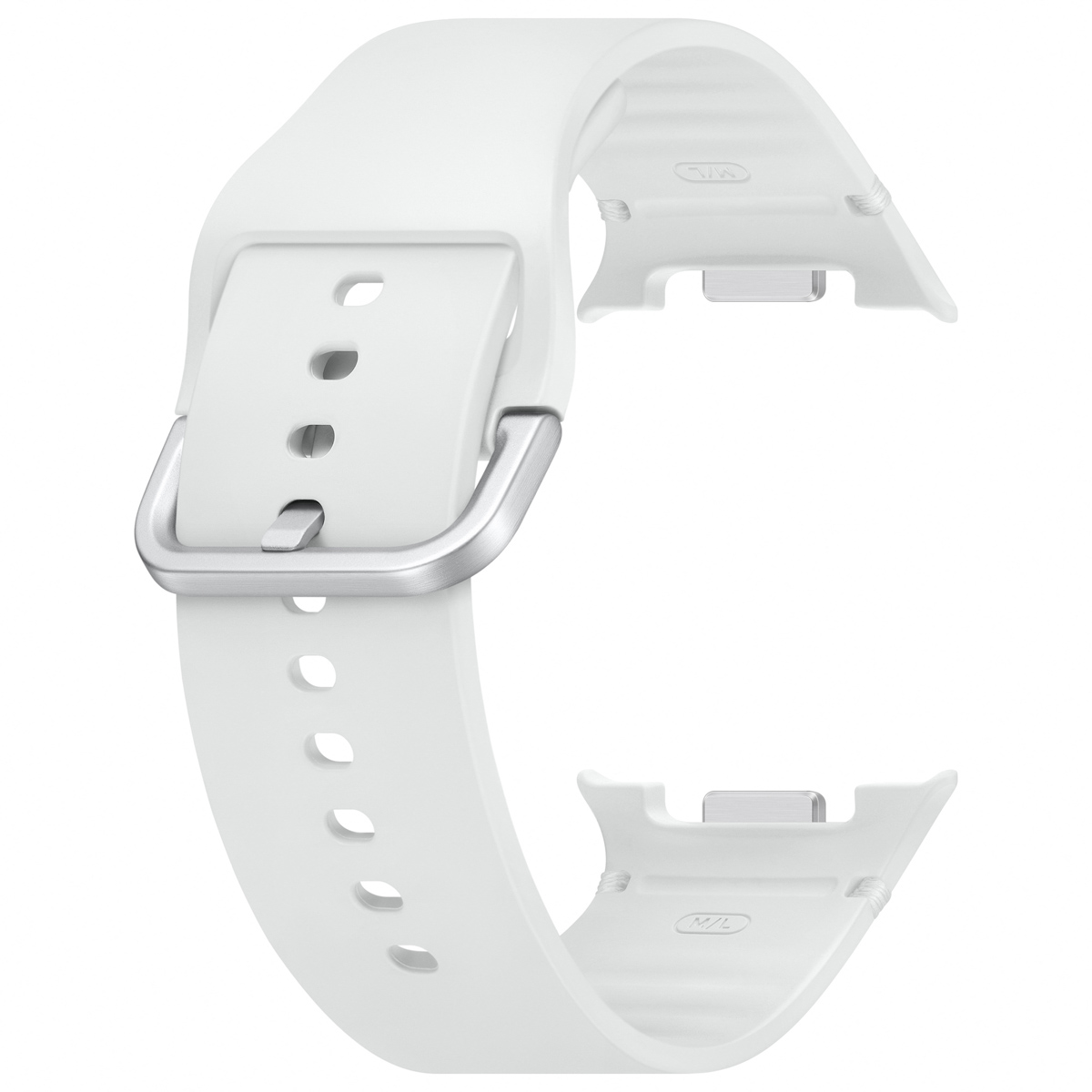Correa de reloj blanca con hebilla plateada. La correa está curvada. El fondo es blanco.
