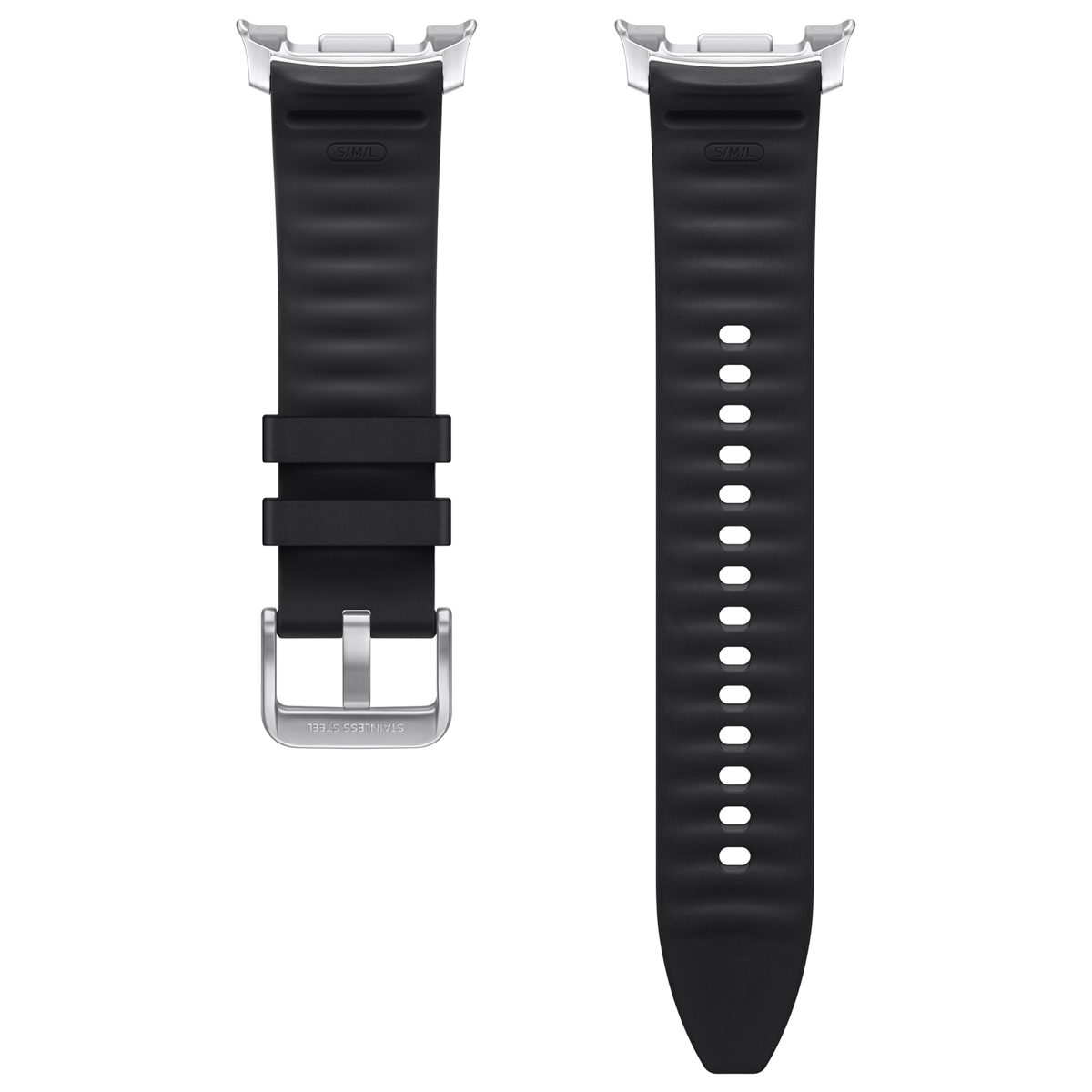 Dos correas de reloj negras, una con hebilla, la otra con agujeros.