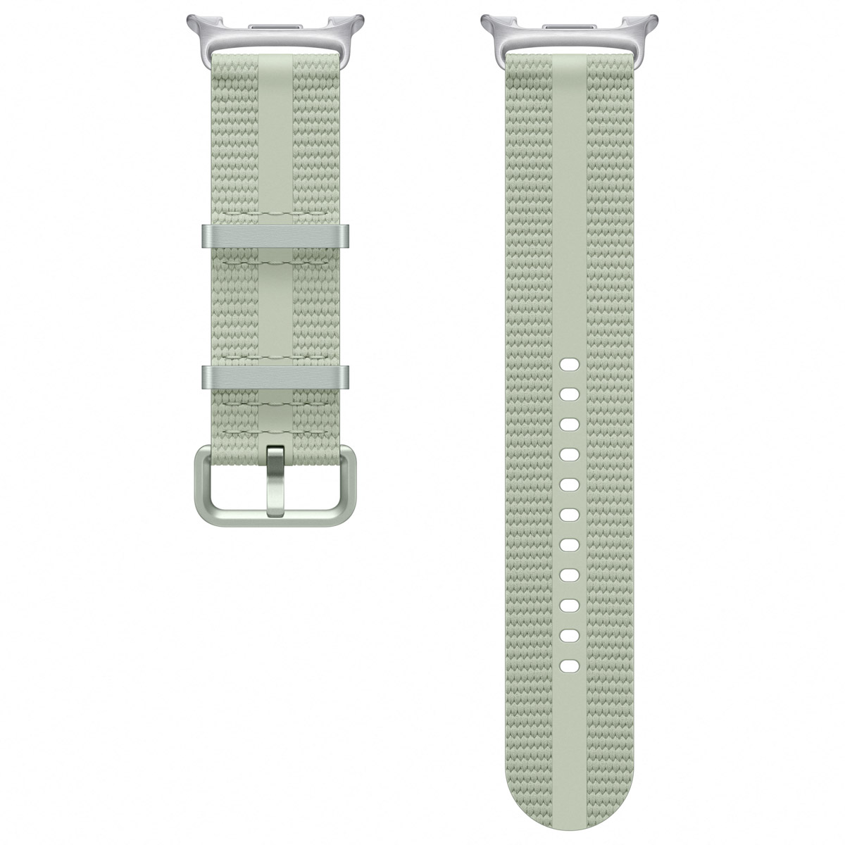 Twee horlogebandjes. De bandjes zijn lichtgroen met zilveren gespen. Witte achtergrond.