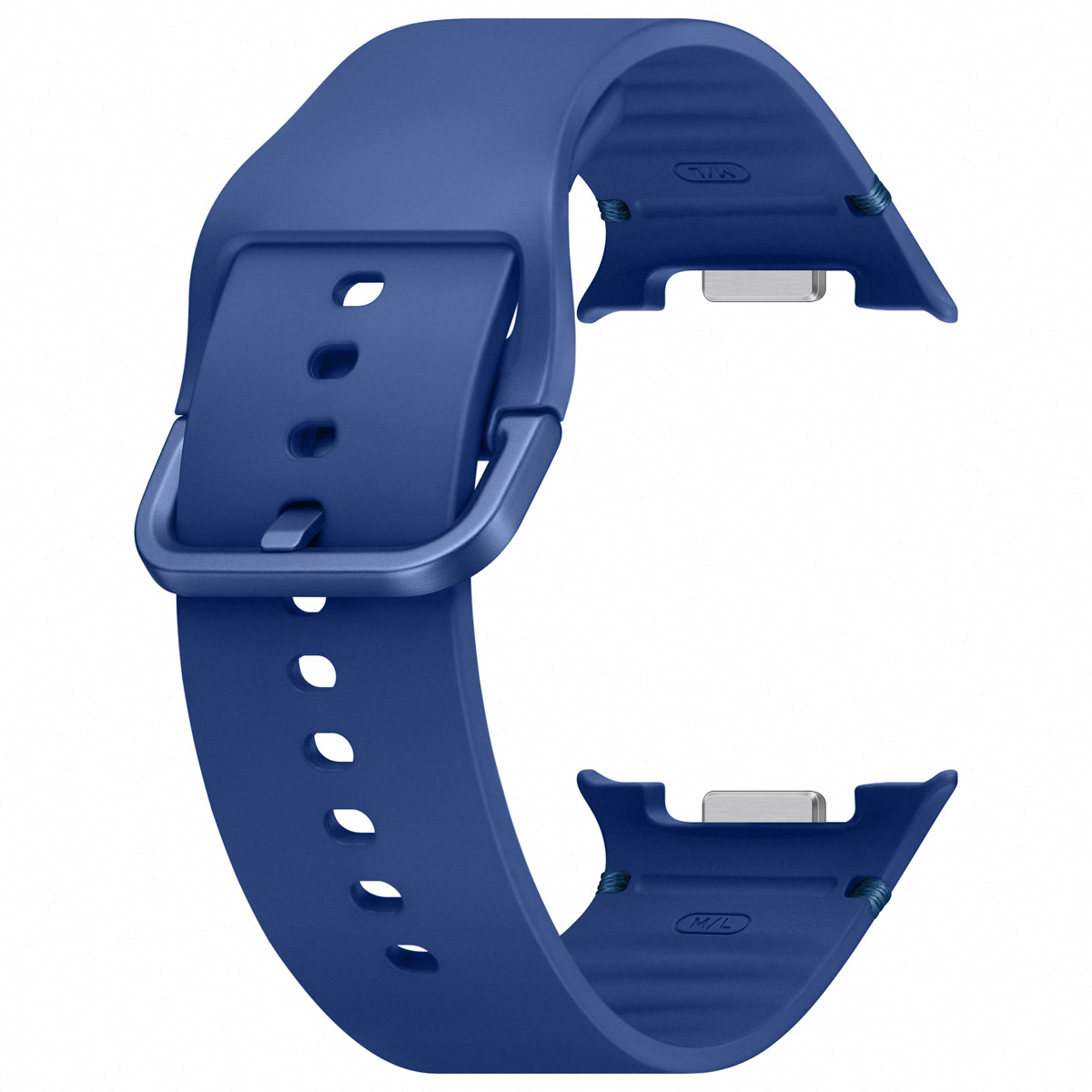 Correa de reloj azul con hebilla plateada. El fondo es blanco.