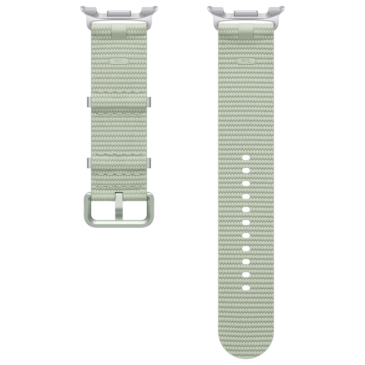 Twee horlogebandjes. De bandjes zijn lichtgroen met zilveren gespen. Witte achtergrond.
