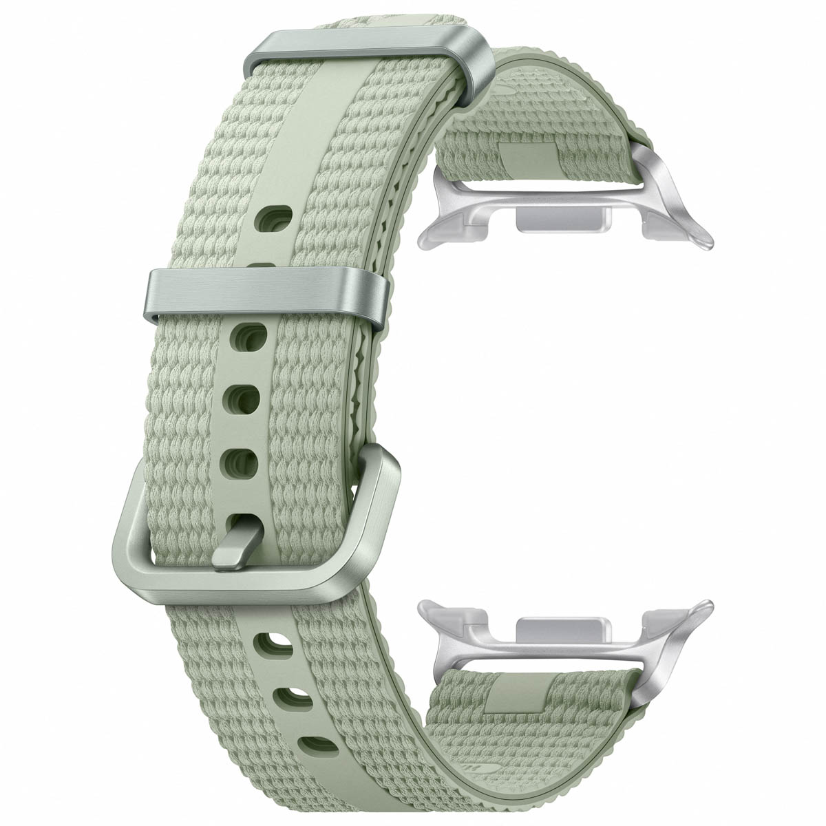Correa de reloj curvada. Verde claro con hebilla y conectores plateados. Fondo blanco.