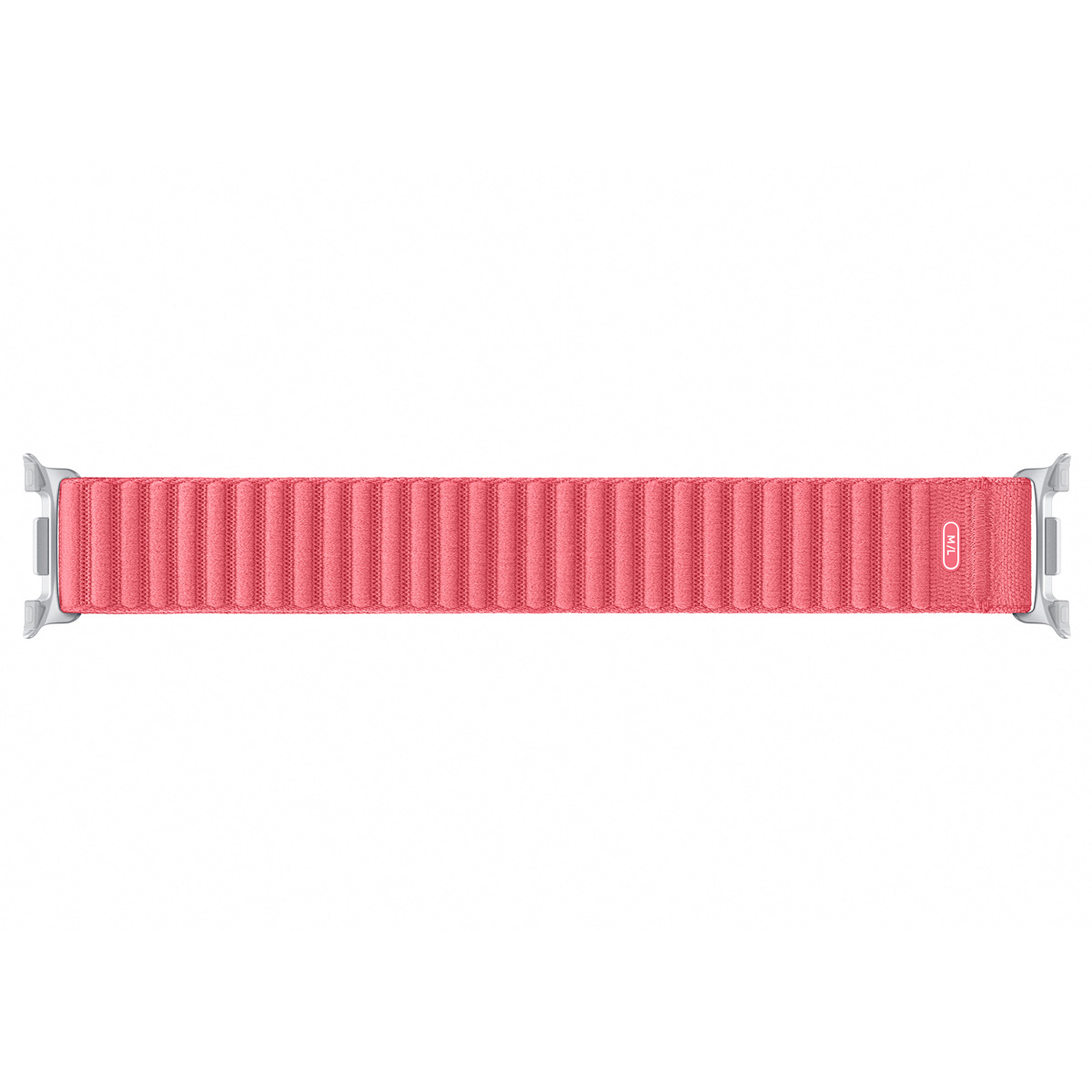 Roze horlogeband. Zilveren connectoren. Witte achtergrond.
