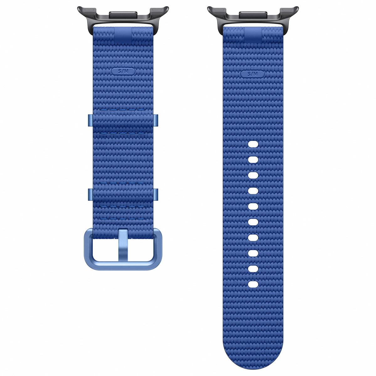 Correa de reloj azul. Conectores negros. Fondo blanco.