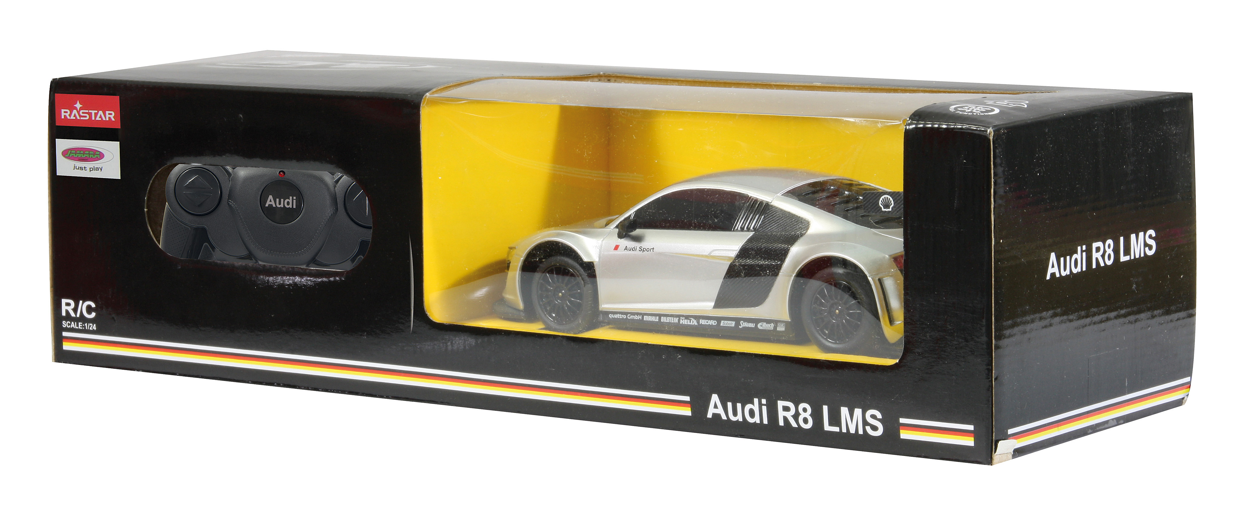 Model samochodu Audi R8 LMS w czarno-żółtym pudełku z pilotem.