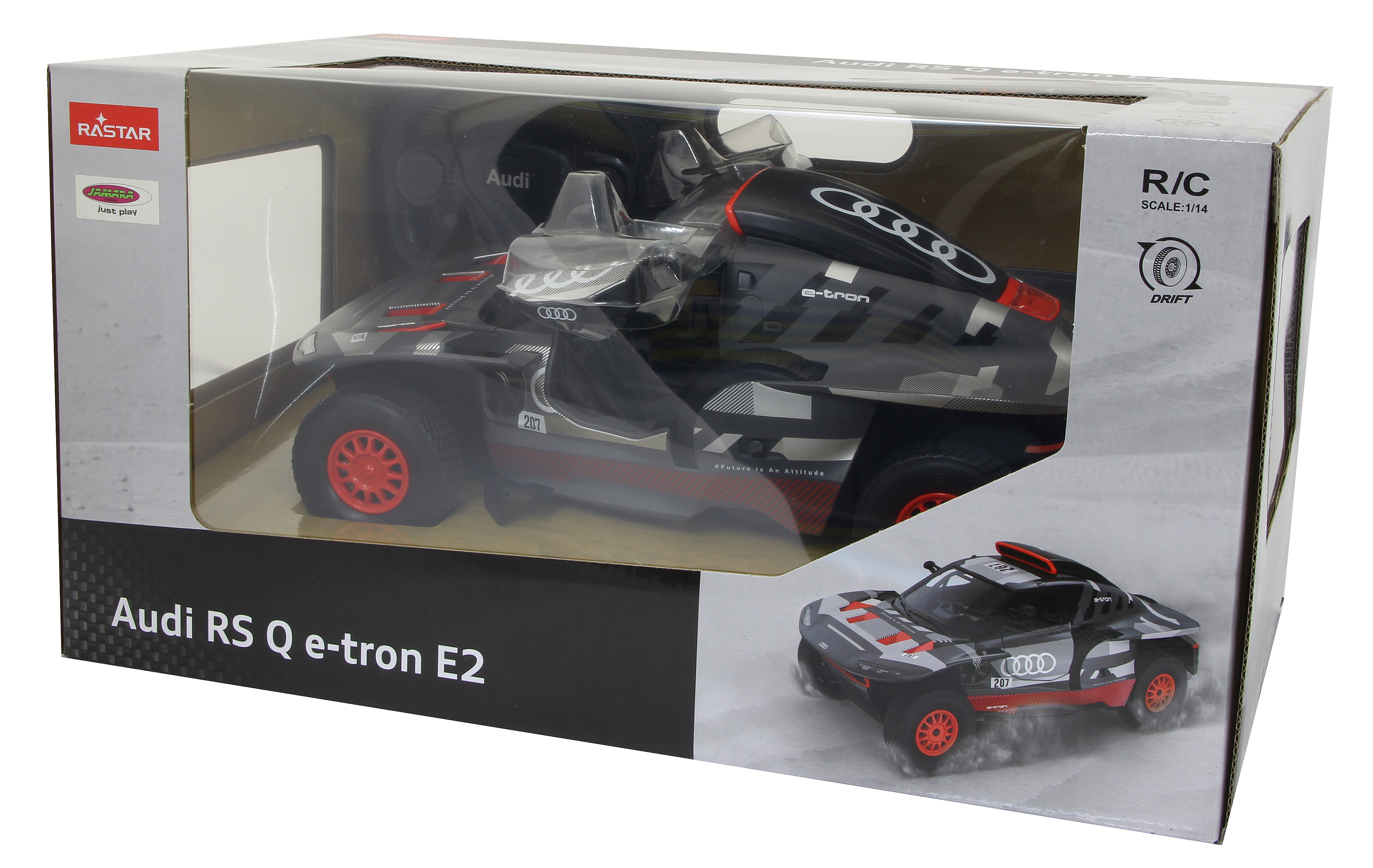 Audi RS Q e-tron E2 Modellauto in der Box, Ansicht des Autos und der Box.