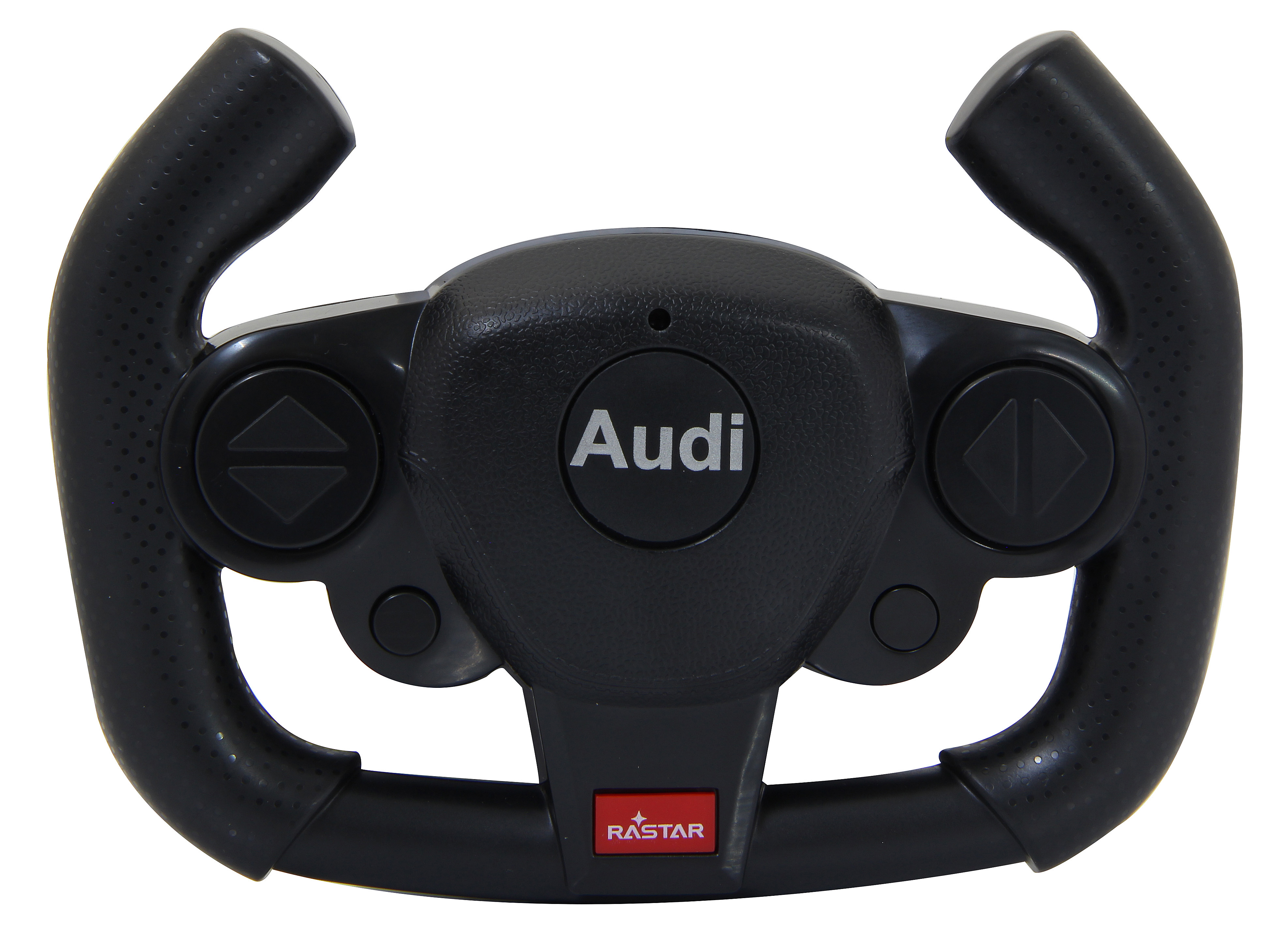 Schwarze Audi-Lenkrad-Fernbedienung mit Audi-Logo und Tasten, vor weißem Hintergrund.