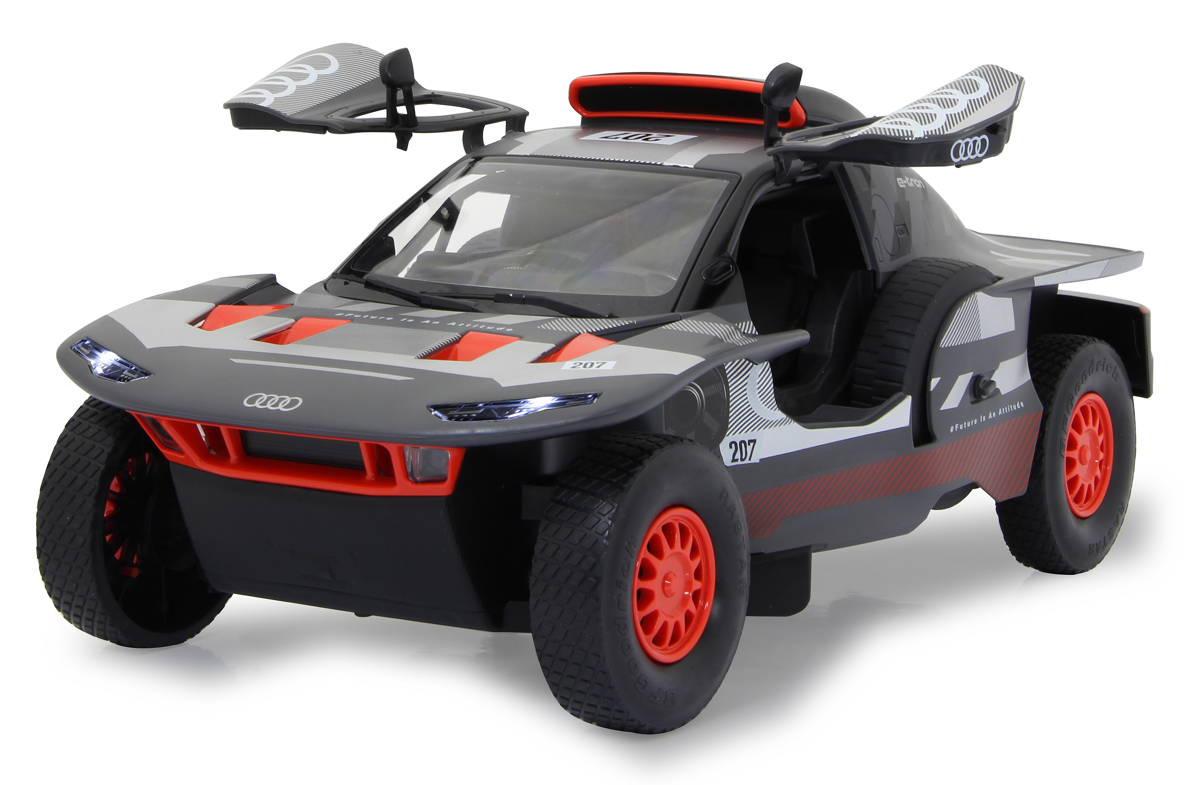 Graues und rotes Audi-Rennwagenmodell mit geöffneten Türen. Auf weißer Oberfläche, Design präsentierend.