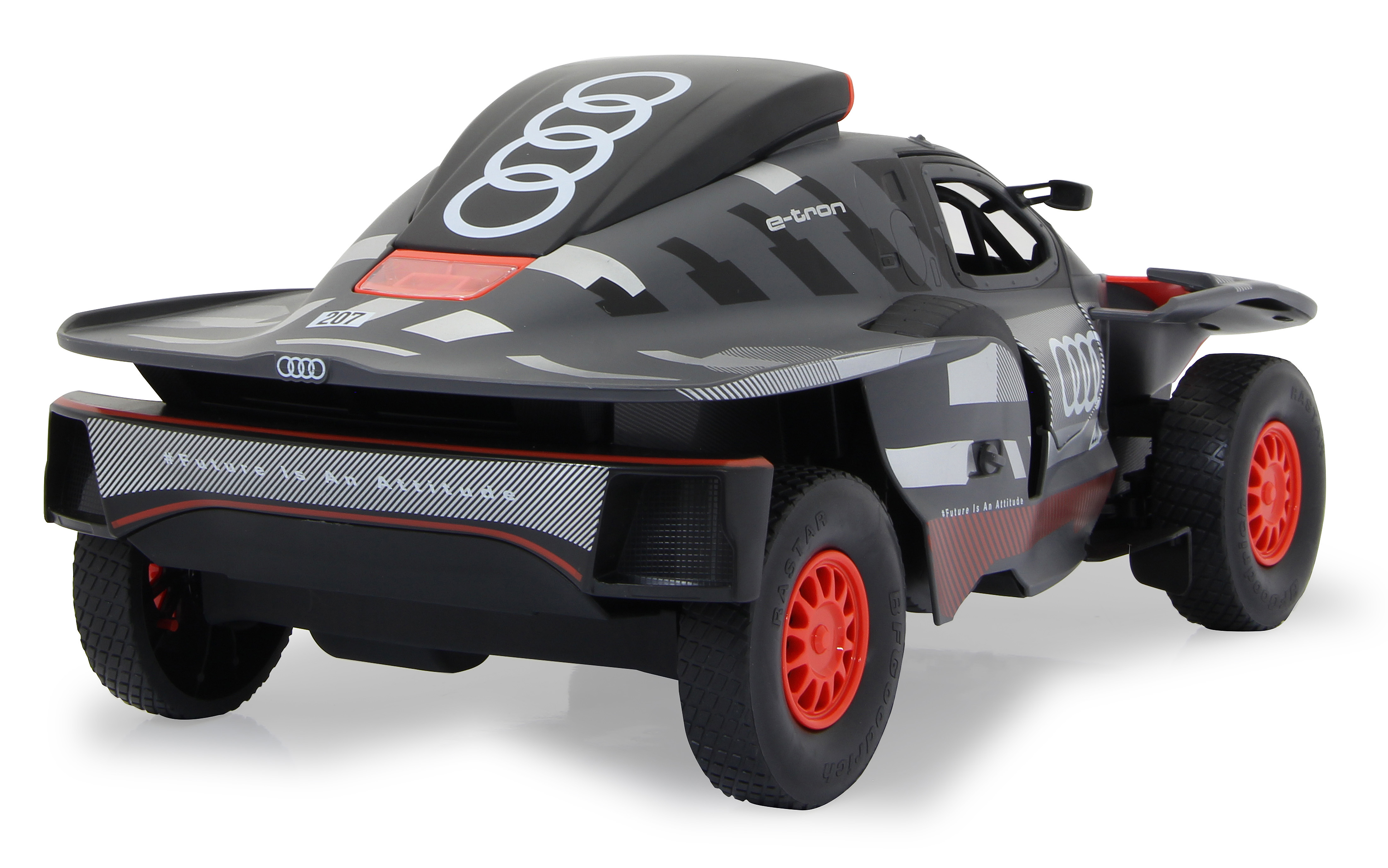 Rückansicht eines grauen und roten Audi-Rennwagenmodells. Auf weißer Oberfläche, Design und Merkmale zeigend.