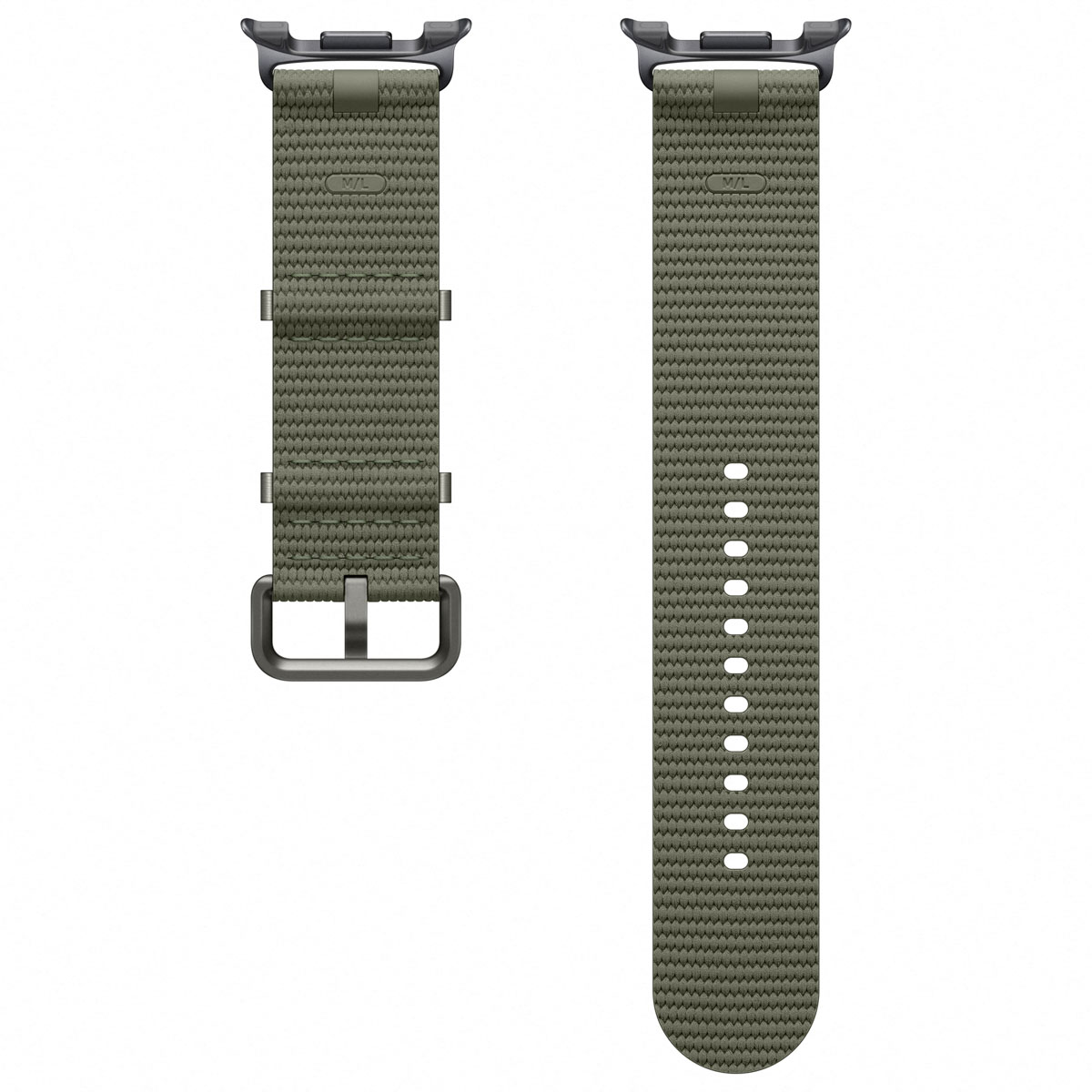 Een olijfgroene nylon horlogeband met zwarte metalen hardware, weergegeven tegen een witte achtergrond.