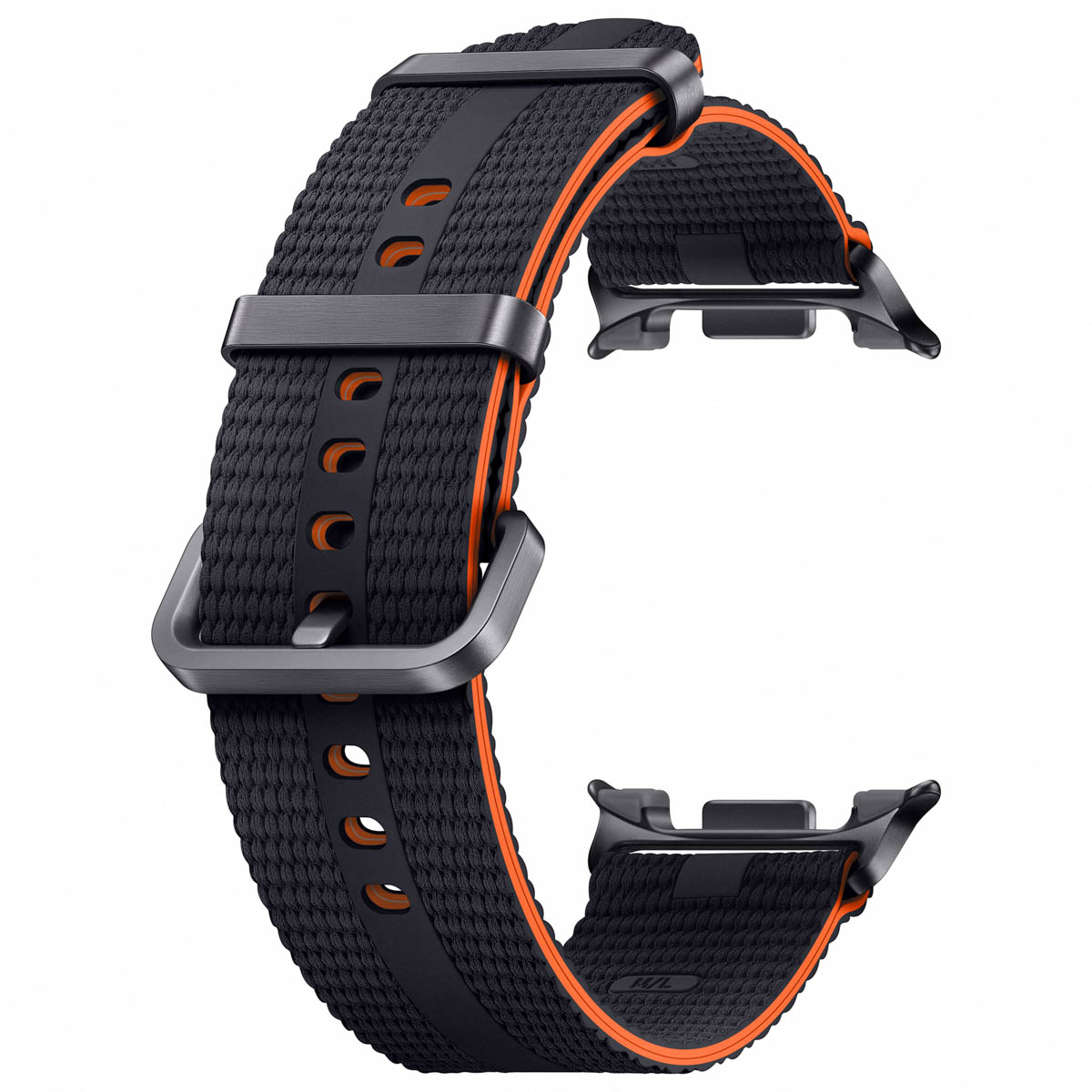 Correa de reloj negra con detalles naranjas y hebilla plateada.