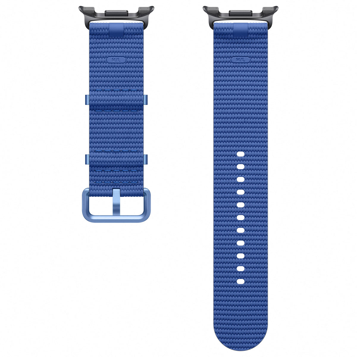 Dos correas de reloj azules: una con hebilla, otra con agujeros.