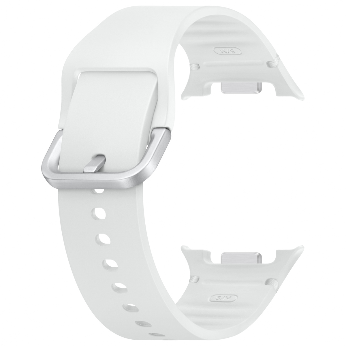 Correa de reloj blanca con hebilla plateada.
