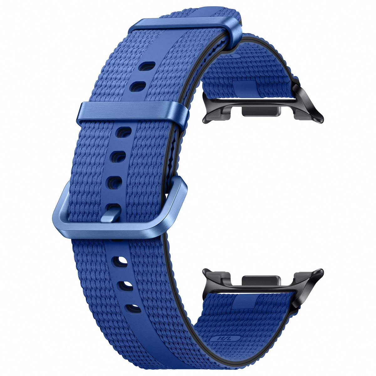 Correa de reloj azul con hebilla azul y conectores negros. La correa tiene un patrón tejido texturizado.