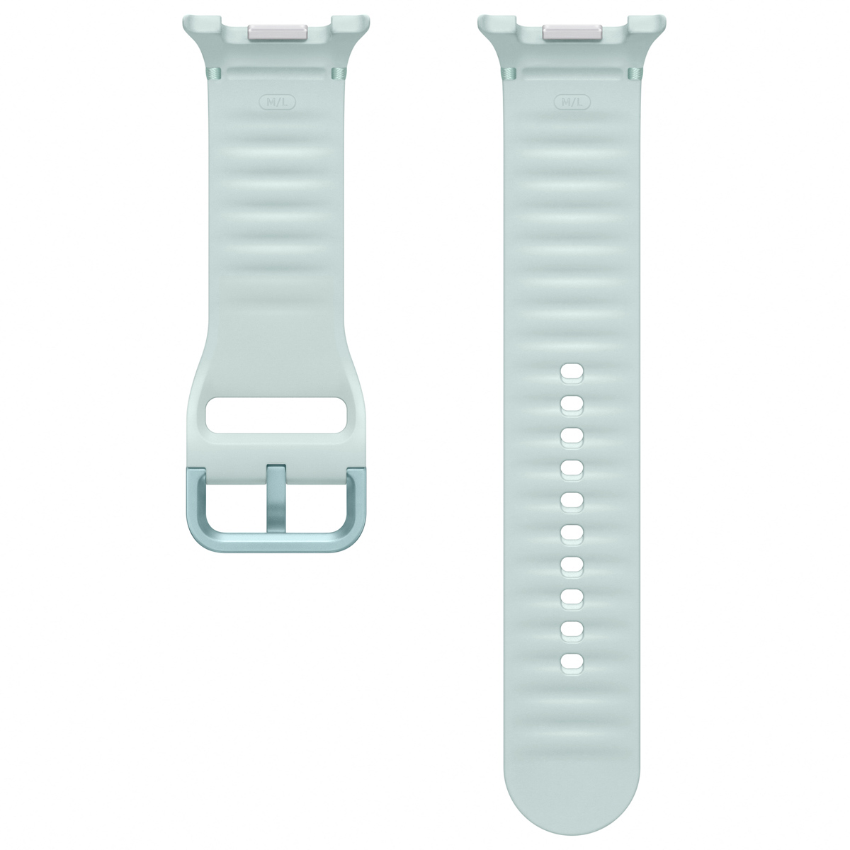 Due cinturini orologio azzurri. Uno con fibbia, l'altro con fori. Entrambi hanno un design a coste.